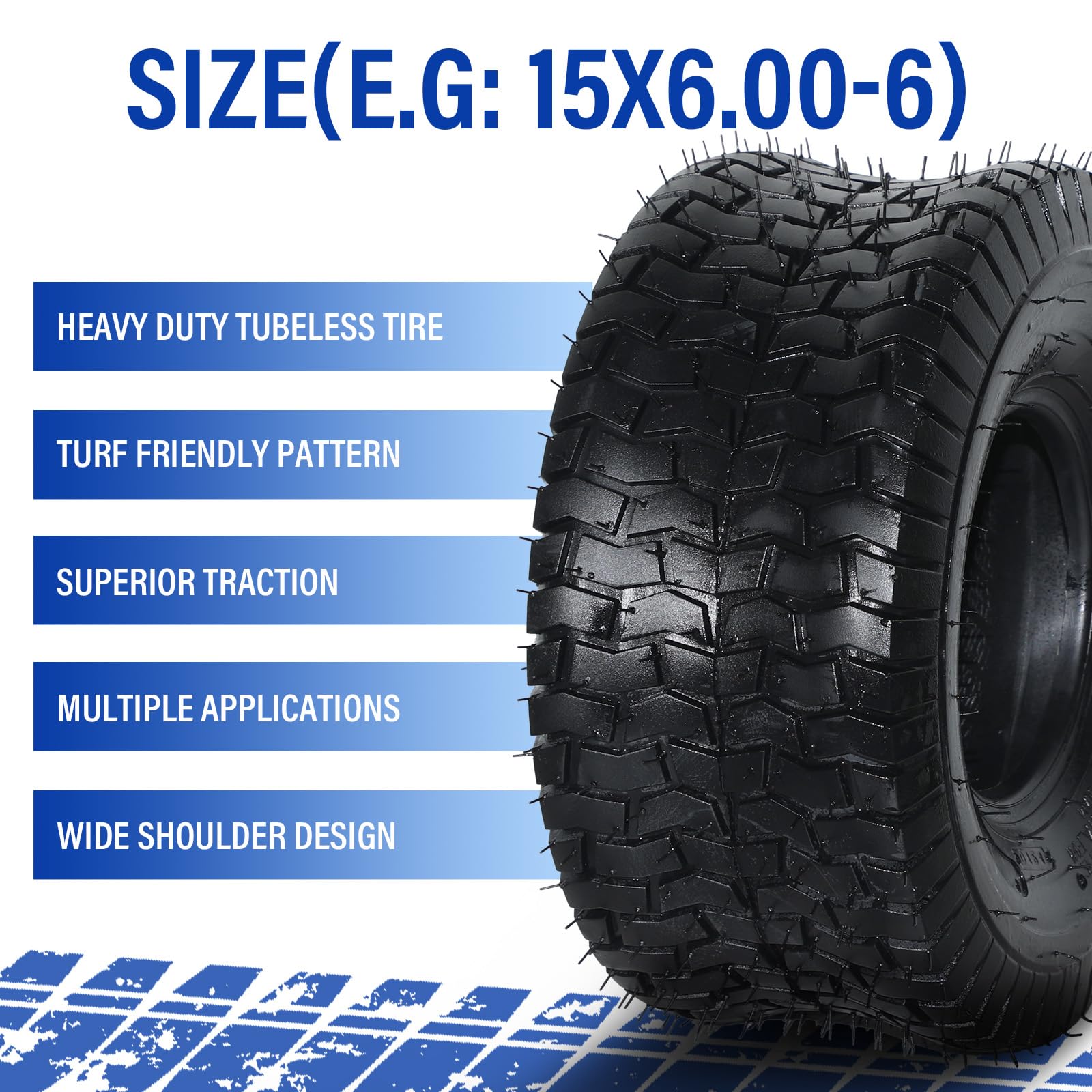 2Pcs 15x6.00-6 Tubeless Lawn Mower Tires - Heavy Duty Garden Turf Tractor Tires with 2 PR Rating - Perfect for Lawn Care, Landscaping & Yard Maintenance