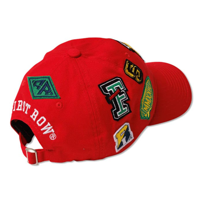 FIRST ROW Multi Patch Baseball Cap - Stylish Red Adjustable Dad Hat for Men & Women | Perfect for Outdoor Sports, Casual Wear, and Street Fashion