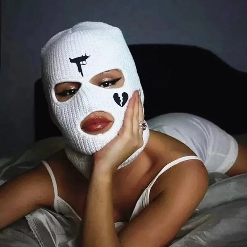3 Hole Knit Ski Mask Balaclava - Winter Thermal Full Face Cover with Heart Embroidery - Y2K Style Cycling & Skiing Face Mask for Cold Weather Protection - Perfect for Snowboarding, Motorcycling & Outdoor Winter Sports
