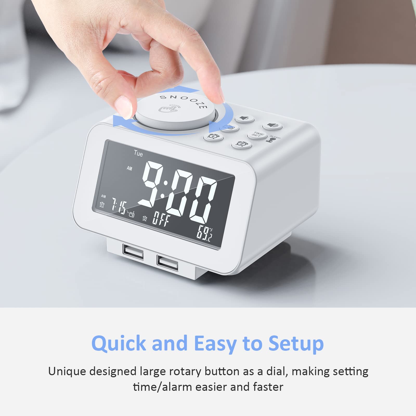 USCCE Digital Alarm Clock Radio with Dimmer - Dual Alarm, FM Radio, USB Charging, Thermometer | Adjustable Volume & 6 Alarm Sounds | Weekday/Weekend Mode, Battery Backup (White) - Perfect for Bedroom, Office, Travel & Home Use