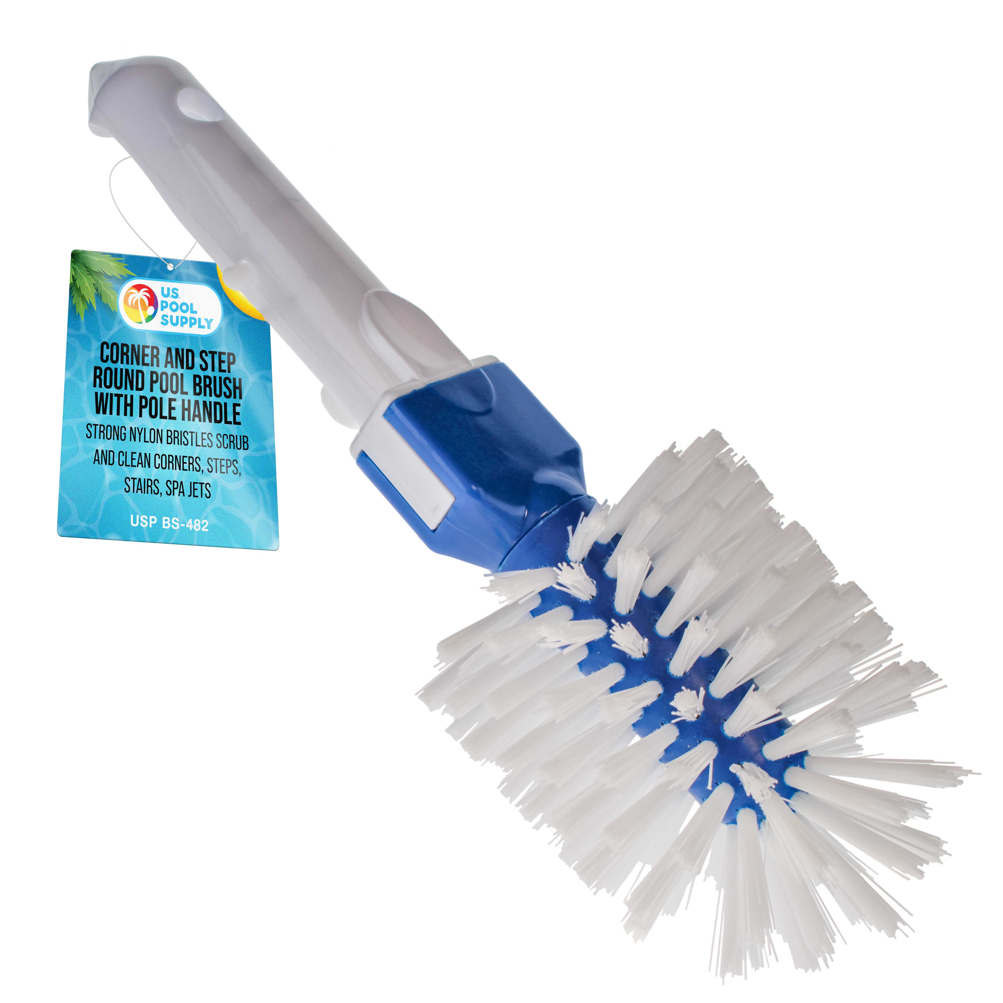 **Heavy-Duty Round Pool Brush with Pole Handle - Strong Nylon Bristles for Cleaning Corners, Steps, Spa Jets - Ideal for In-Ground & Above-Ground Pools - Perfect for Removing Algae, Debris & Dirt**