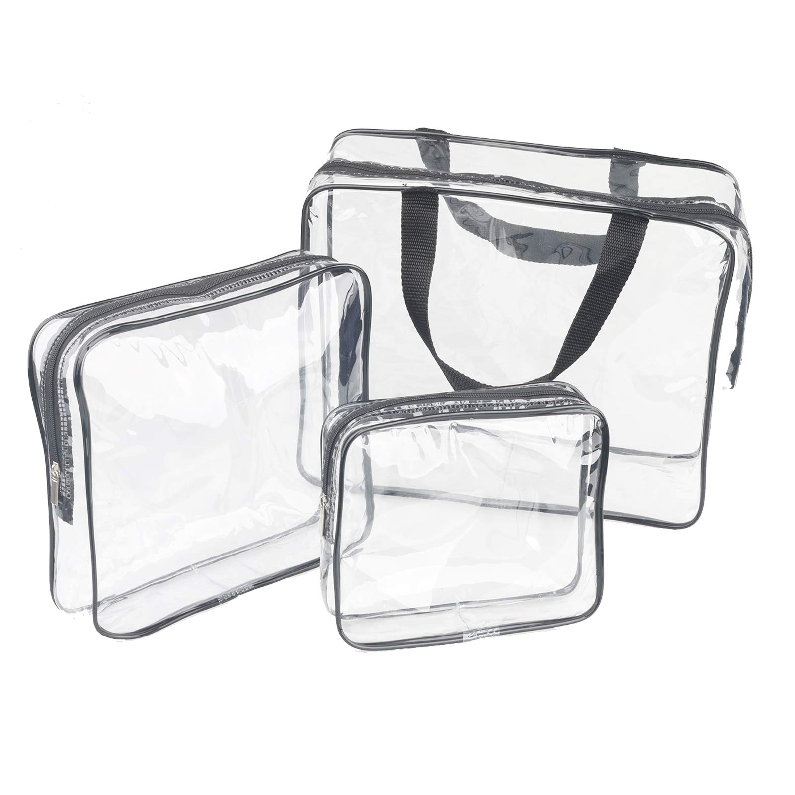 HAOGUAGUA 3-Piece Large Clear Travel Toiletry Bags Set - Waterproof Transparent Cosmetic & Makeup Organizer Storage Pouches (Black) | Perfect for Air Travel, Gym Essentials & Bathroom Organization