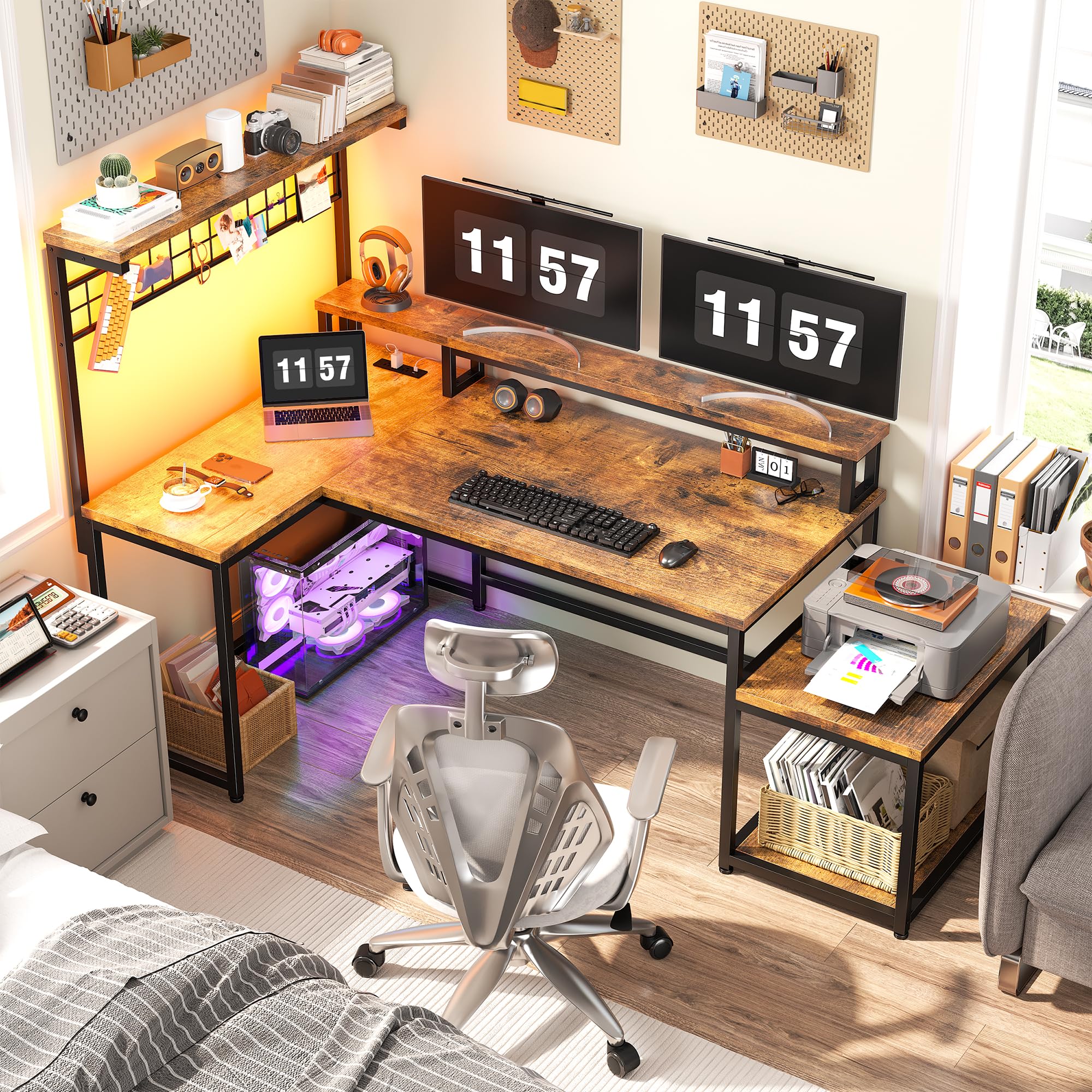 EnHomee L-Shaped Gaming Desk with Shelves, LED Lights & Power Outlets - Rustic Brown Computer Workstation for Home Office & Gaming Setup