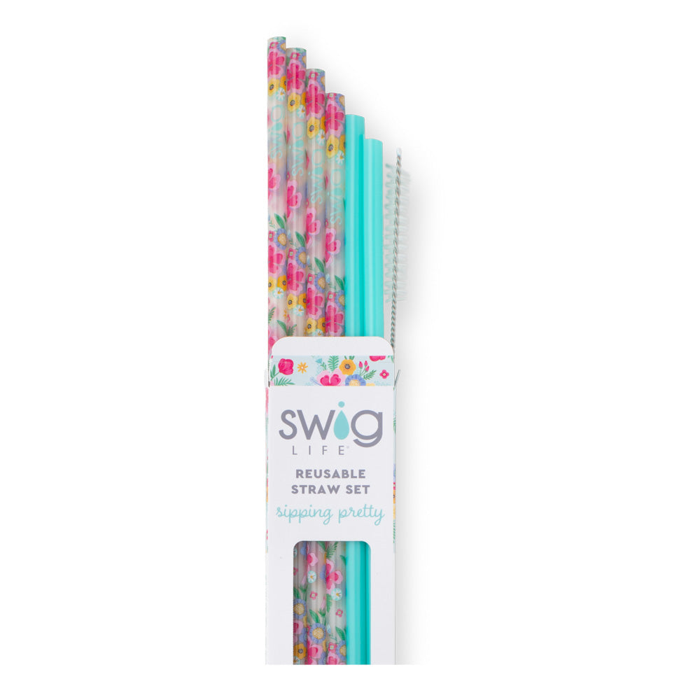 Eco-Friendly Island Bloom & Mint Reusable Straw Set - 4 Pack Stainless Steel Drinking Straws with Cleaning Brush for Smoothies, Iced Coffee, and Cocktails at Home or Travel