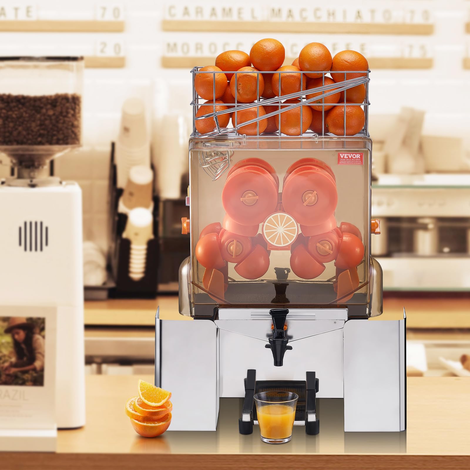 VEVOR Commercial Orange Juicer Machine 120W - Automatic Juice Extractor with Water Tap, Stainless Steel Orange Squeezer (20 Oranges/Min) - Includes Pull-Out Filter Box, PC Cover & 2 Peel Buckets - Perfect for Restaurants, Juice Bars & Catering Services