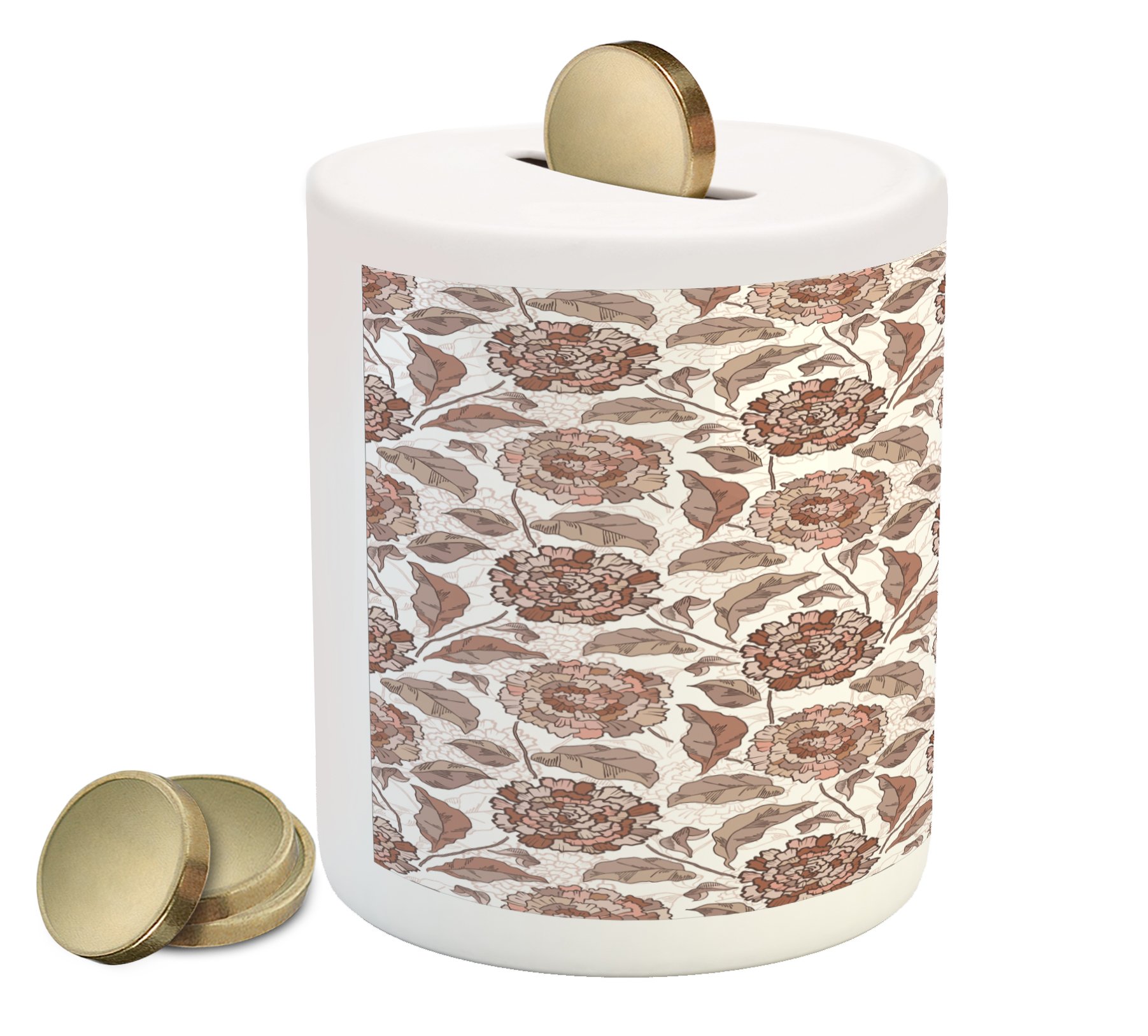 Ambesonne Ceramic Piggy Bank with Floral Chrysanthemum Pattern - Earth Tone Money Box for Cash Savings | Perfect Gift for Kids, Home Decor, and Cottage Style Rooms