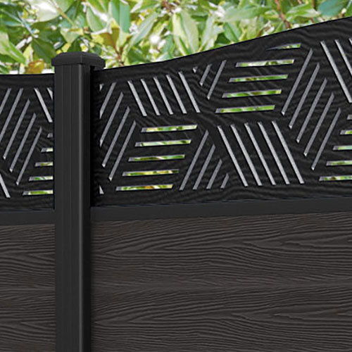 Classic Cubed Curved Top Fence Panel - Dark Oak Wood with Aluminum Posts | Privacy Fencing for Backyard, Garden & Outdoor Decor