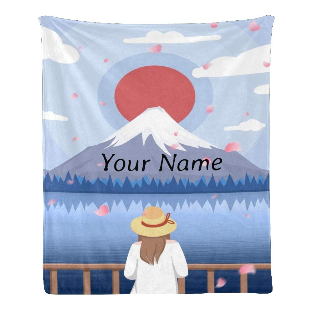 Personalized Custom Fleece Throw Blanket with Name - Japan Cherry Blossoms Mount Fuji Design - Super Soft 50x60 Inch Blanket for Couch, Sofa & Bed - Perfect Gift for Women, Home Decor & Cozy Nights