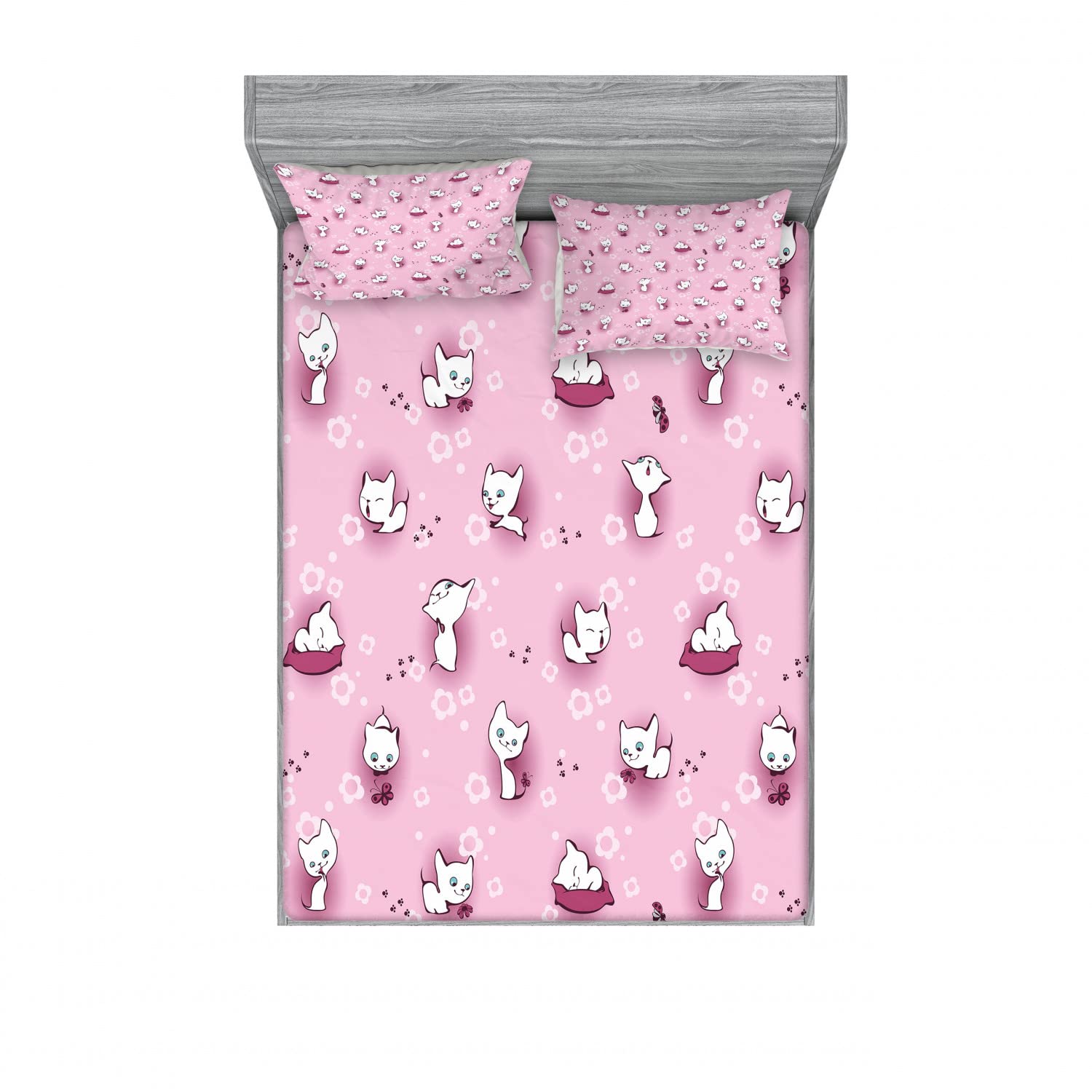 Lunarable 2-Pack Cat Themed Fitted Sheet & Pillow Sham Set - Playful Kittens in Floral Design, 4-Piece Bedding Collection (2 Twin XL Fitted Sheets + 4 Standard Pillowcases) in Pale Pink & White - Perfect for Kids' Rooms, Dorm Decor & Cat Lover Gifts