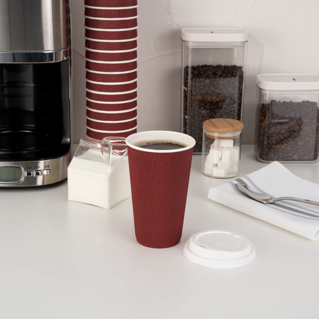 **Restaurantware 16oz Insulated Coffee Cups with Lids (200 Pack) – Leakproof, Non-Slip, Crimson Disposable Paper Cups for Hot Beverages – Perfect for Coffee, Tea, Hot Cocoa & Lattes – Ideal for Cafés, Offices & Events**