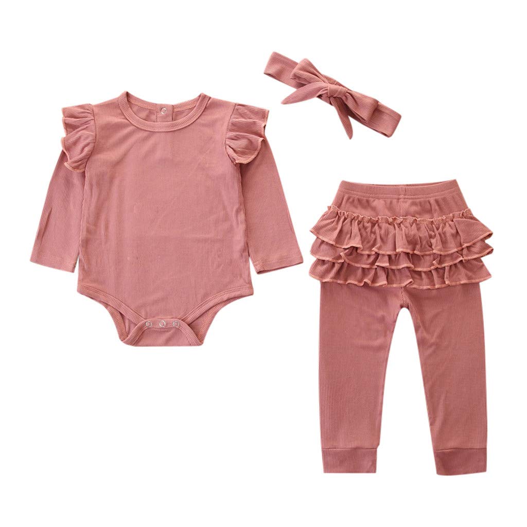 WOCACHI Baby Girls Outfits Set - 3PC Long Sleeve Romper Bodysuits with Pants & Headband for Toddler & Infant Girls | Perfect for Playdates, Family Photos & Everyday Wear