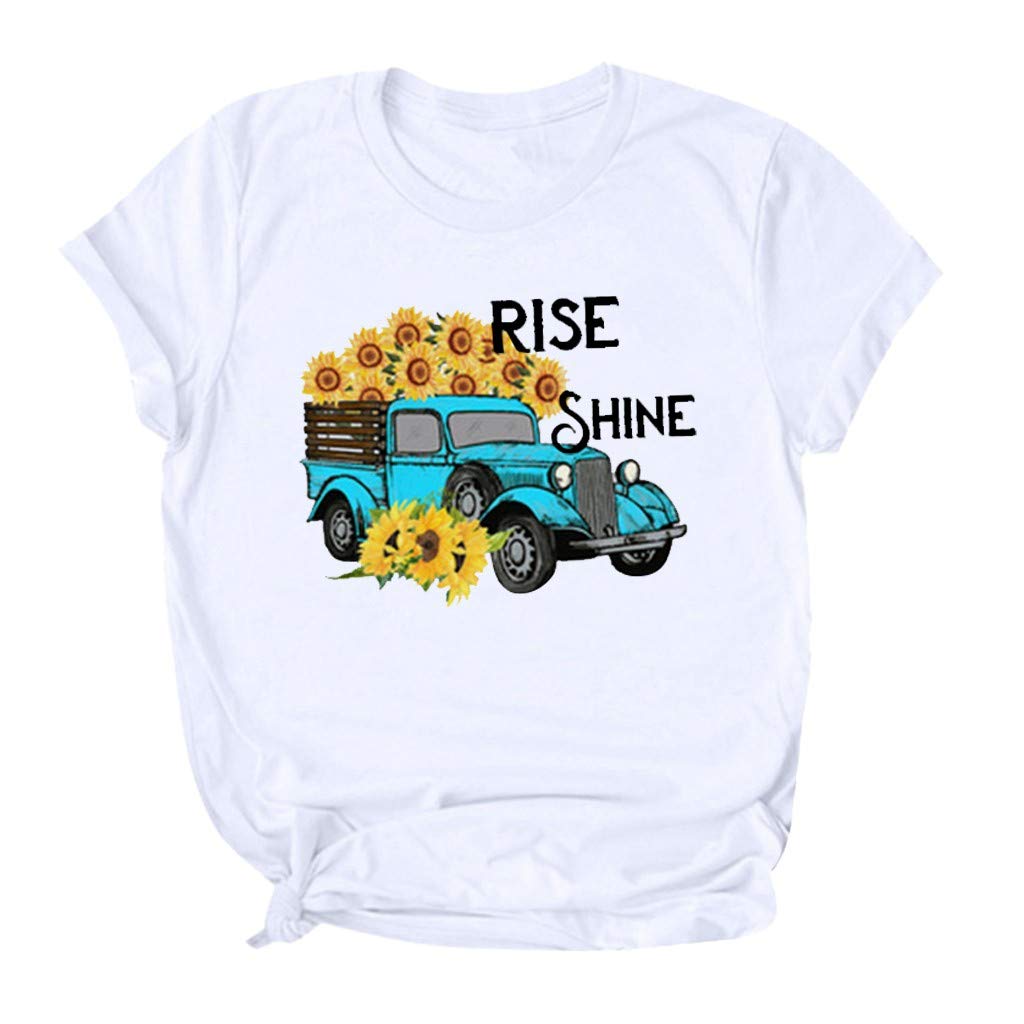 Women's Sunflower Graphic T-Shirt - Short Sleeve Cute Cartoon Print Top with Inspirational Sayings - Funny Rise & Shine Tee in White - Perfect for Casual Wear, Summer Outfits & Gift Giving