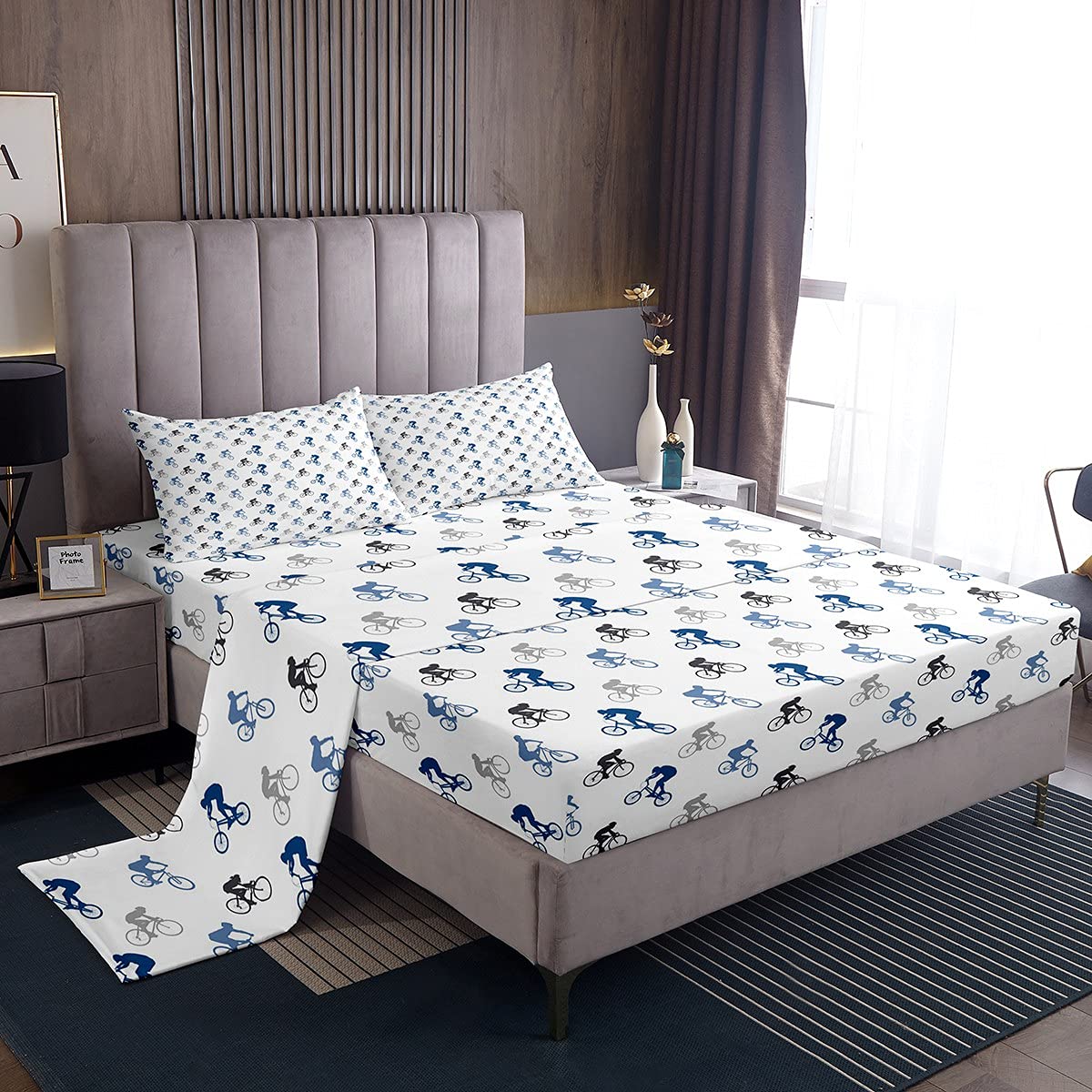 Erosebridal Boys Blue Black Mountain Bike Bedding Set - Queen Size Sports Bicycle Sheet Set for Kids & Teens - Includes Fitted Sheet, Flat Sheet & 2 Pillowcases - Perfect for Bike Lovers' Bedrooms & Dorm Rooms