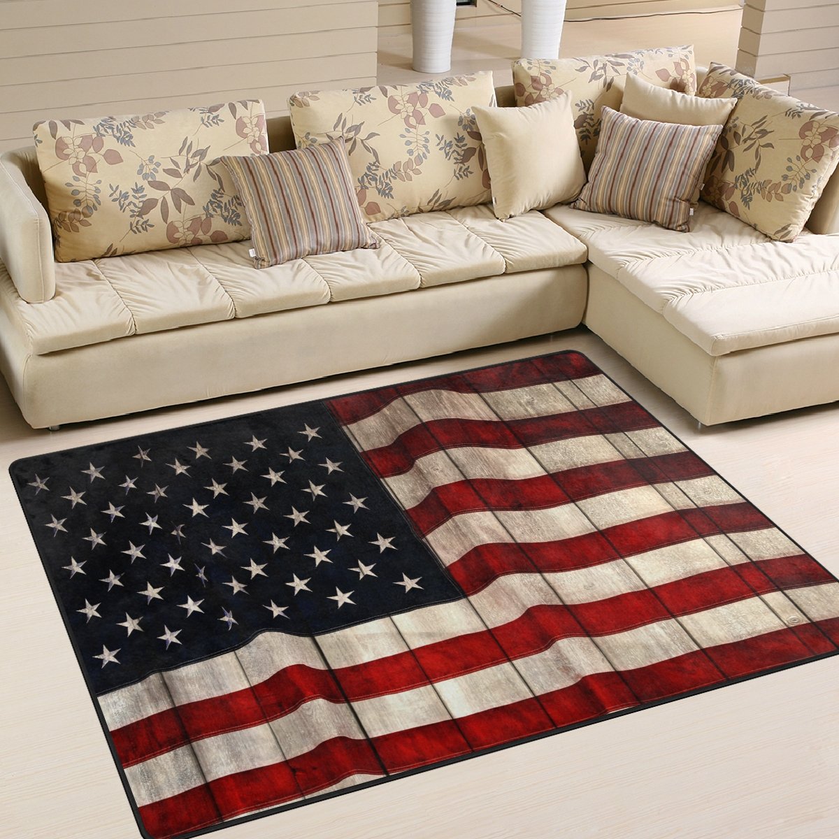 ALAZA Vintage American Flag Wood Wall Art & Area Rug - 7' x 5' Hand-Painted Home Decor for Living Room, Bedroom, Office | Patriotic Floor Mat for Independence Day, Memorial Day & Americana Themed Spaces