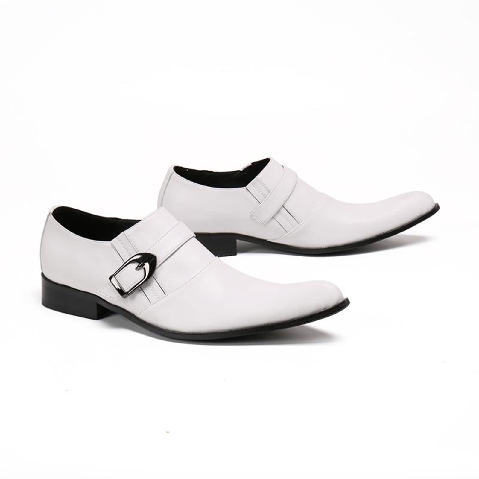 Men's White Leather Dress Shoes - Business Casual Slip-On Oxfords with Buckle Detail | Comfortable & Stylish for Office, Weddings & Formal Events (Size 9.5)