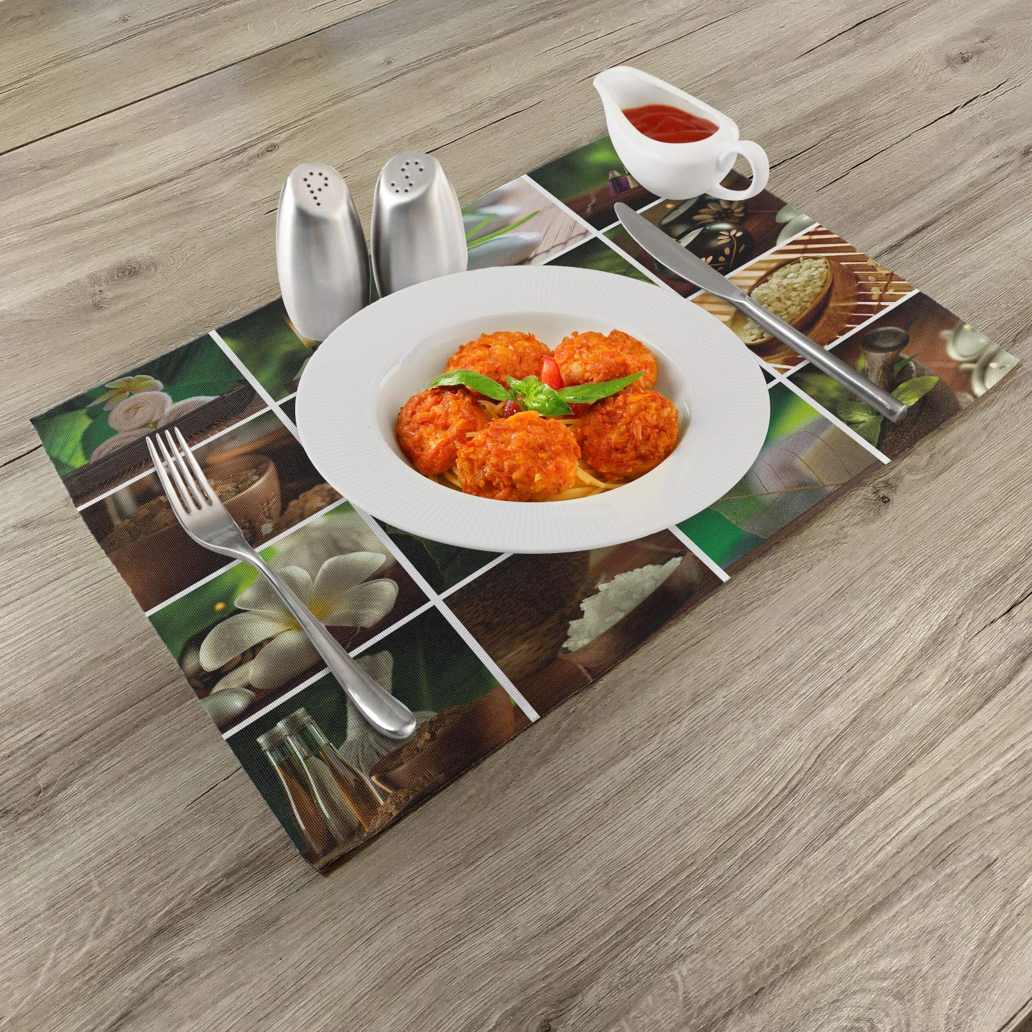 Ambesonne 4-Piece Spa Placemats Set - Candles, Stones, Herbal Salts & Botanic Plants Design - Washable Fabric Table Mats for Dining Room & Kitchen Decor (Green, White, Brown) - Perfect for Relaxing Spa Nights & Elegant Dinner Parties
