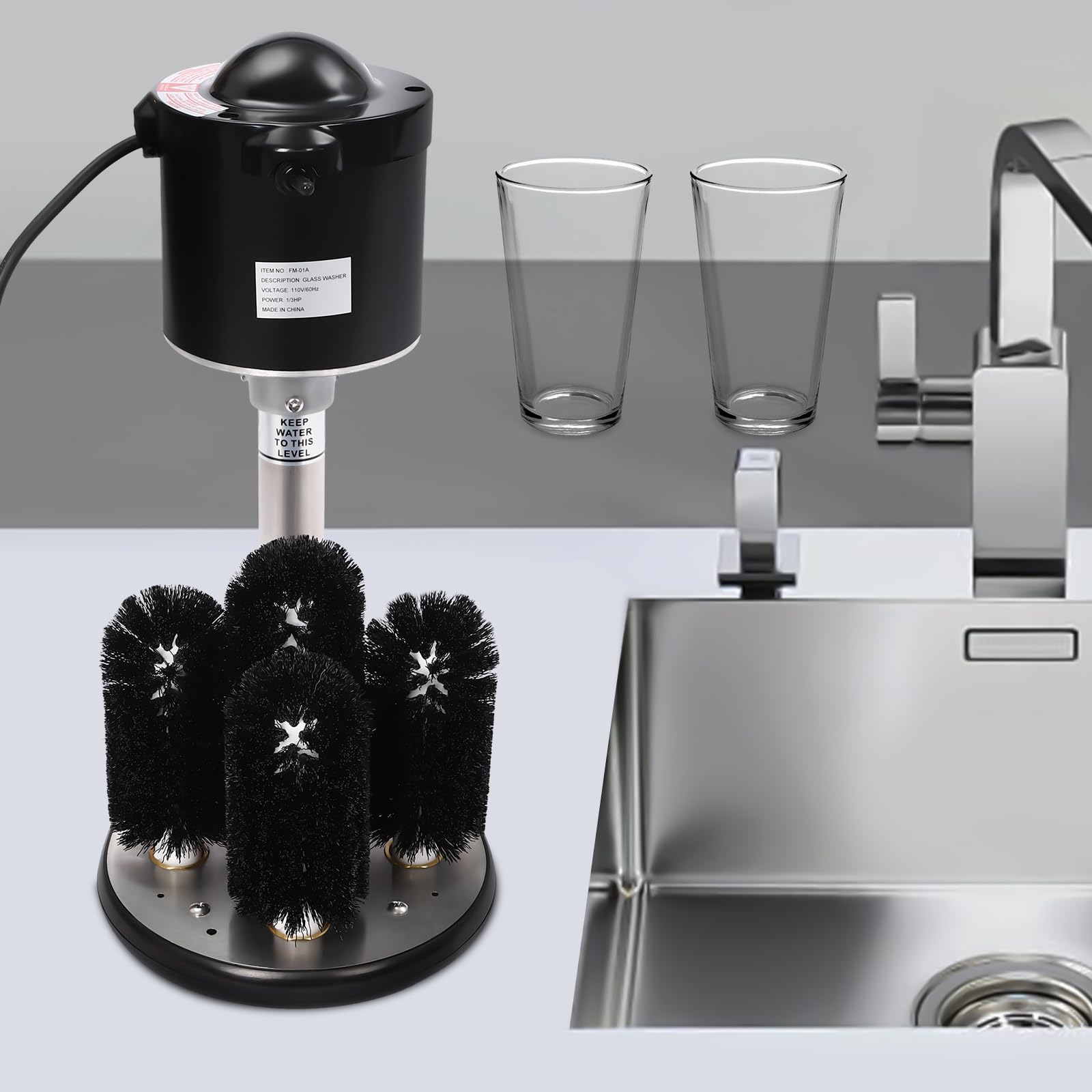 Commercial Glass Washer Machine - 5 Brush Stainless Steel Electric Wine Glass Cleaner for Bars, Cafes & Restaurants | Automatic Cup Washing System for Winery, Pub, Hotel & Kitchen Use (Black)