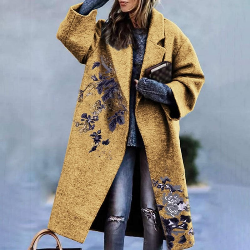 2025 New Women's Long Sleeve Lapel Jacket - Printed Woolen Trench Coat for Autumn (Plus Size Available) | Stylish Outerwear for Work, Dating & Fall Fashion