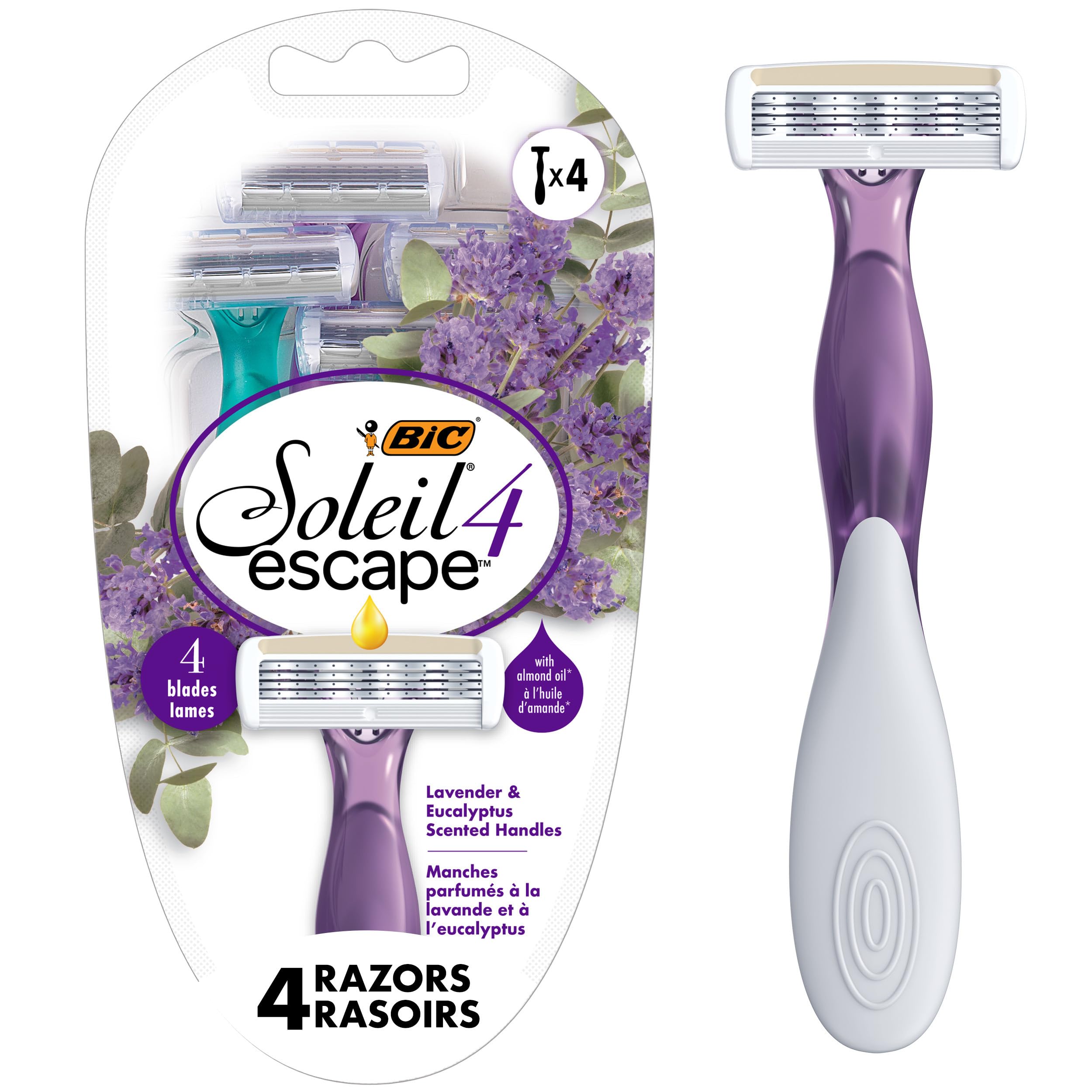 BIC Soleil Escape Women's Disposable 4-Blade Razors for Smooth Shaving - Lavender & Eucalyptus Scented Handles - 4-Pack - Perfect for Bikini Line, Legs & Underarms Shaving at Home or Travel