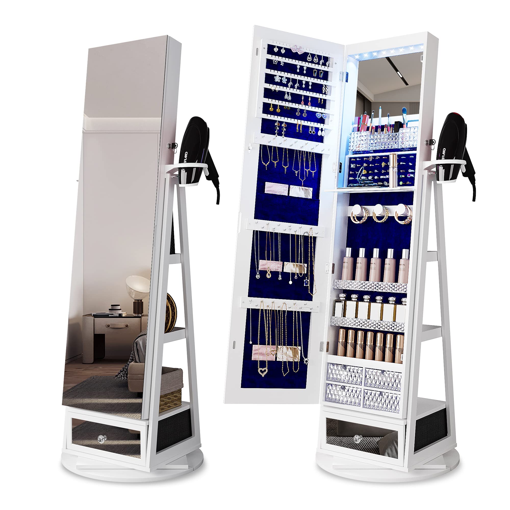 HNEBC 360° Swivel Jewelry Cabinet with Full Length Mirror & LED Lights - Large Jewelry Armoire Organizer with Storage Drawers, Foldable Makeup Shelf - White | Perfect for Bedroom, Dressing Room & Closet Organization