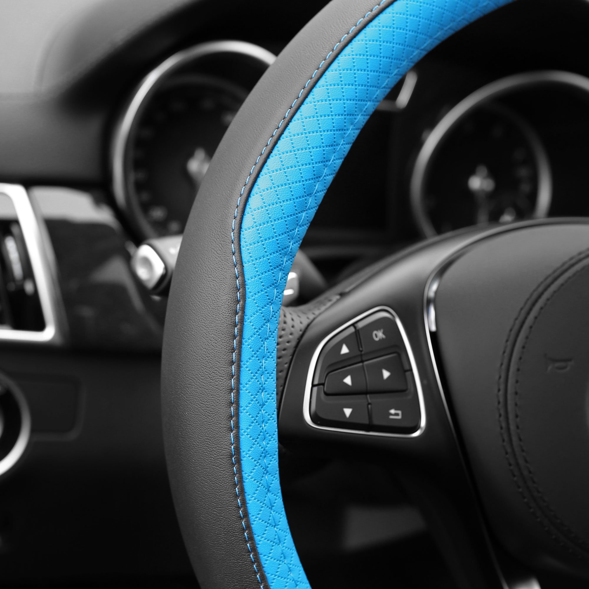 FH Group Geometric Chic Microfiber Leather Steering Wheel Cover - Universal Fit for Cars & SUVs (Blue) | Non-Slip Grip & Heat Protection for Comfortable Driving