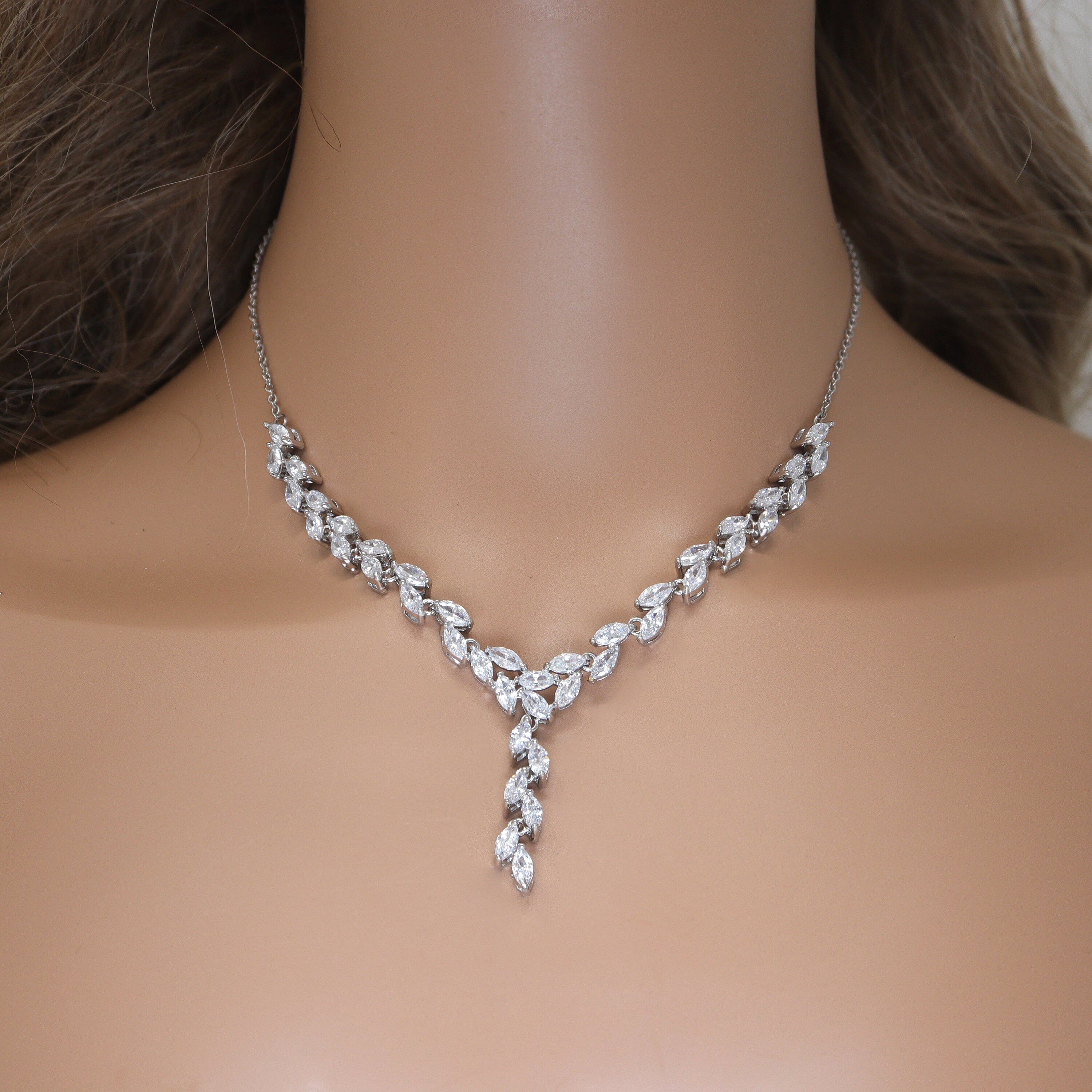 Elegant Diamond & Swarovski Crystal Leaf Vine Bridal Jewelry Set - Long Necklace & Statement Earrings for Weddings, Prom & Formal Events