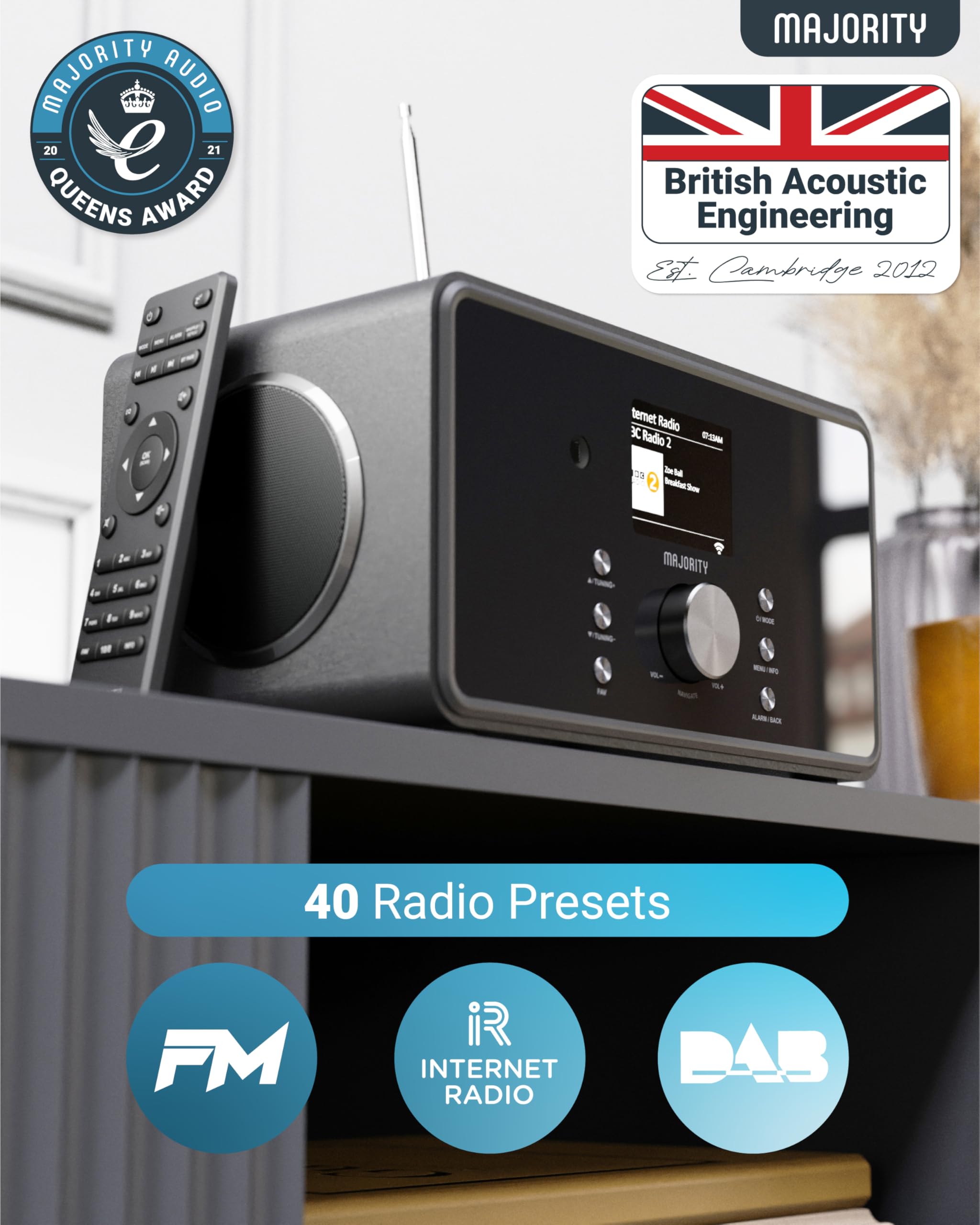 Majority Bard Bluetooth Internet Radio with DAB+ - 100 Watt 2.1 Channel Speaker System with Built-in Subwoofer - FM Radio, Spotify Connect, Podcast Player - AUX/USB Input - Dual Alarm Clock with 90+ Presets & Remote Control - Perfect for Home, Office, and Bedroom Entertainment (Black)