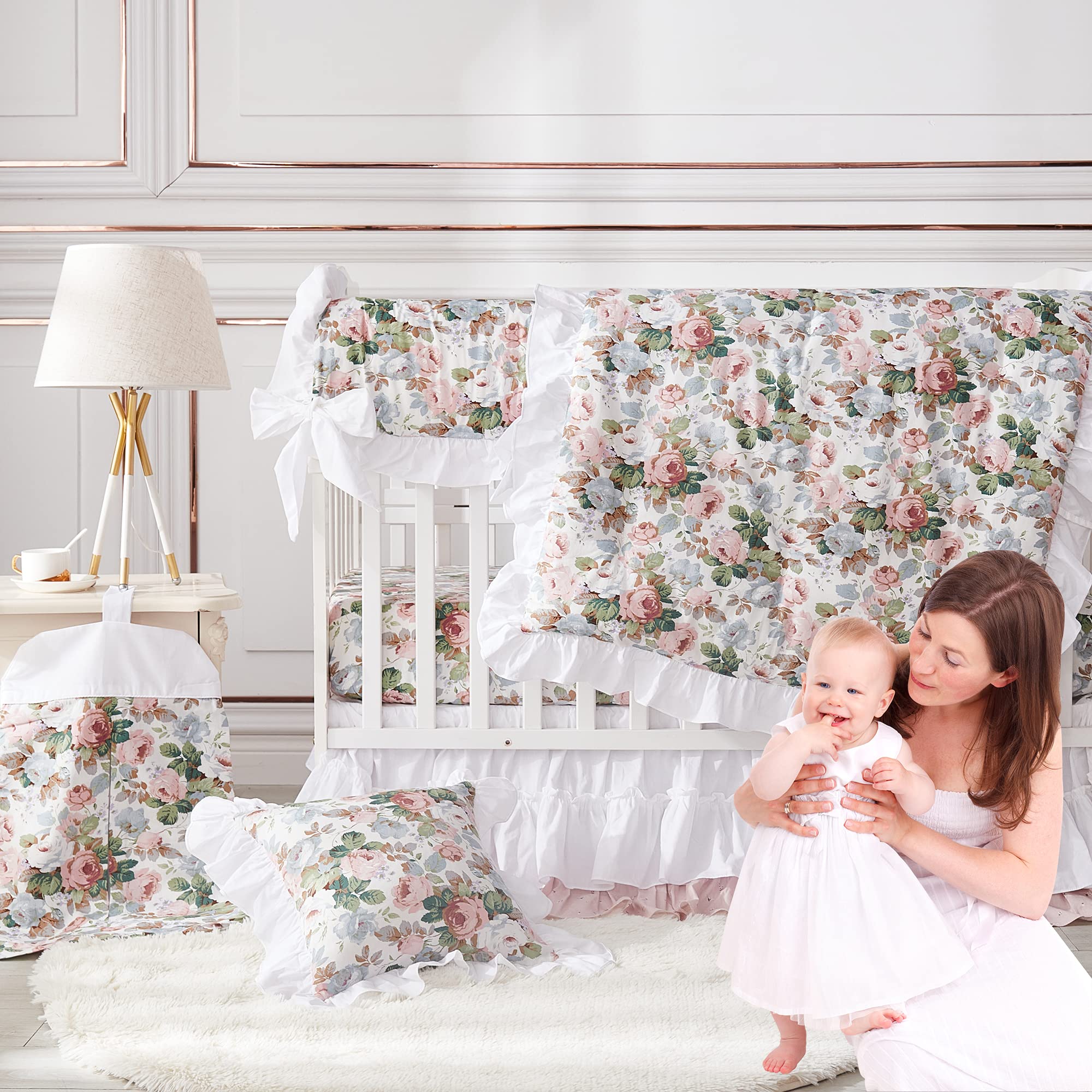 Brandream French Country Baby Girls Nursery Crib Bedding Set 6-Piece - Shabby Chic Rose Floral Crib Skirt, Fitted Sheet & Bumper - Soft Cotton Nursery Bedding for Newborn Infant - Perfect for Nursery Decor, Baby Shower Gift & Photo Backdrop