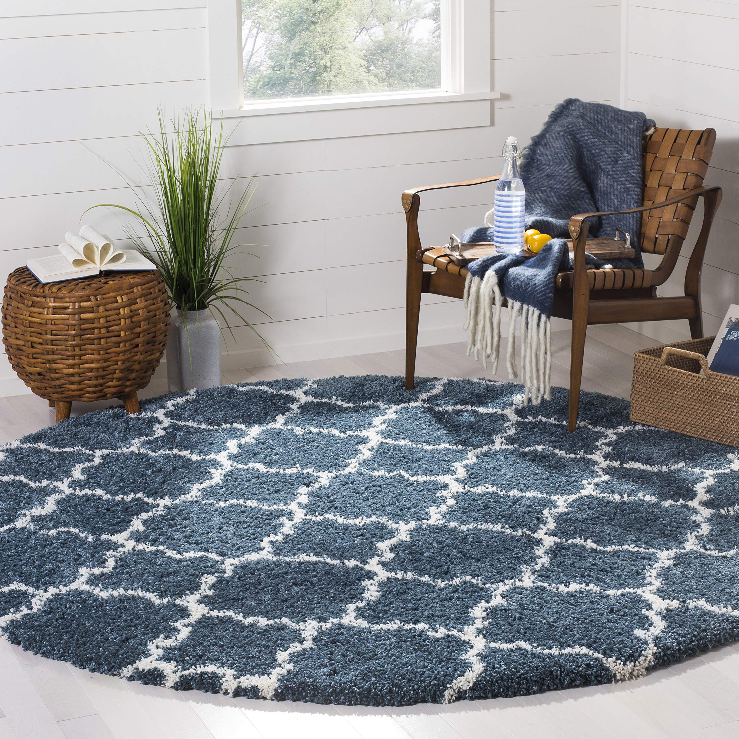 SAFAVIEH Hudson Shag Collection 5' Round Area Rug - Slate Blue/Ivory Moroccan Trellis Design, 2-inch Thick Plush & Non-Shedding, Perfect for Living Room, Bedroom, Dining Room & Entryway | Cozy Home Decor & Floor Protection