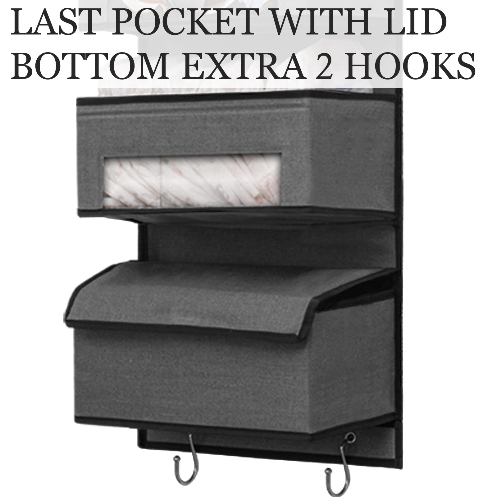 Over Door Hanging Organizer with 5 Large Pockets & Clear Window - Closet Door Storage for Baby Nursery, Bedroom, Pantry & Bathroom - Space Saving Grey Organizer with 4 Metal Hooks - Perfect for Storing Toys, Clothes & Essentials
