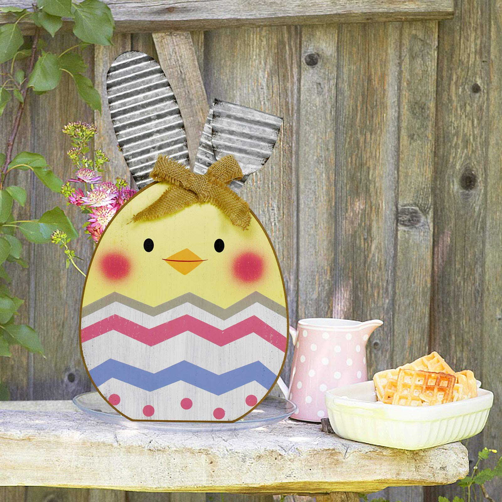 Wooden Easter Bunny Egg Chick Tabletop Decor - Spring Easter Home Decoration with Rabbit Sign in Pink & Yellow | Perfect for Easter Party, Table Centerpiece, and Seasonal Home Decor