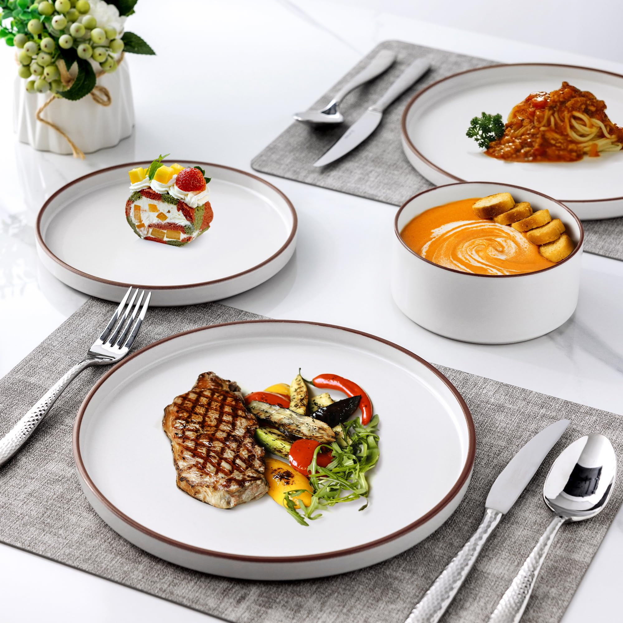 LERATIO 16-Piece Ceramic Dinnerware Set for 4, Stoneware Plates & Bowls with High Edge - Chip & Crack Resistant, Oven/Dishwasher/Microwave Safe - Vanilla White - Perfect for Family Dinners, Restaurant-Style Dining & Entertaining Guests
