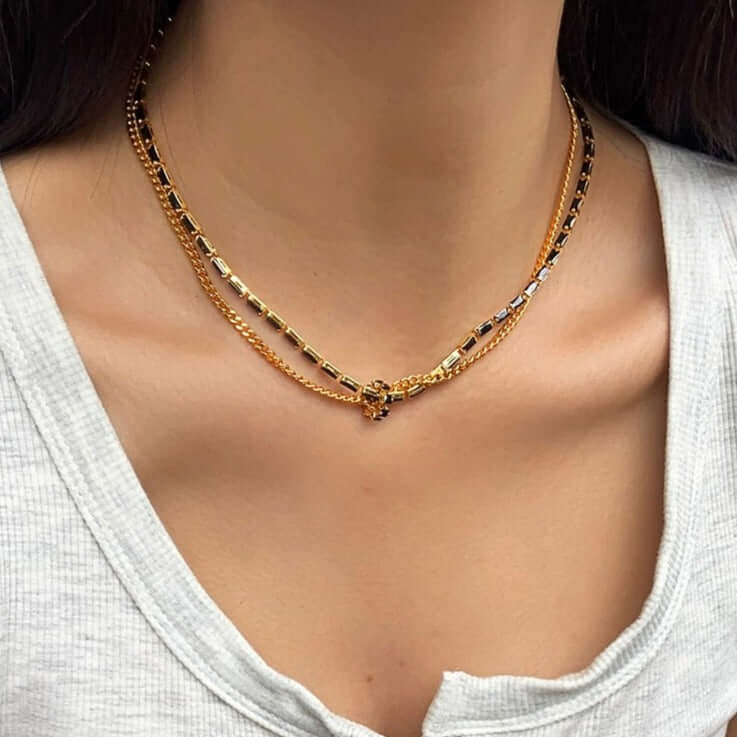 Black and Gold Layered Tennis Chain Necklace for Men & Women | 18K Gold Plated Stainless Steel Hip Hop Jewelry | Perfect for Parties, Gifts & Everyday Wear (QT2203)