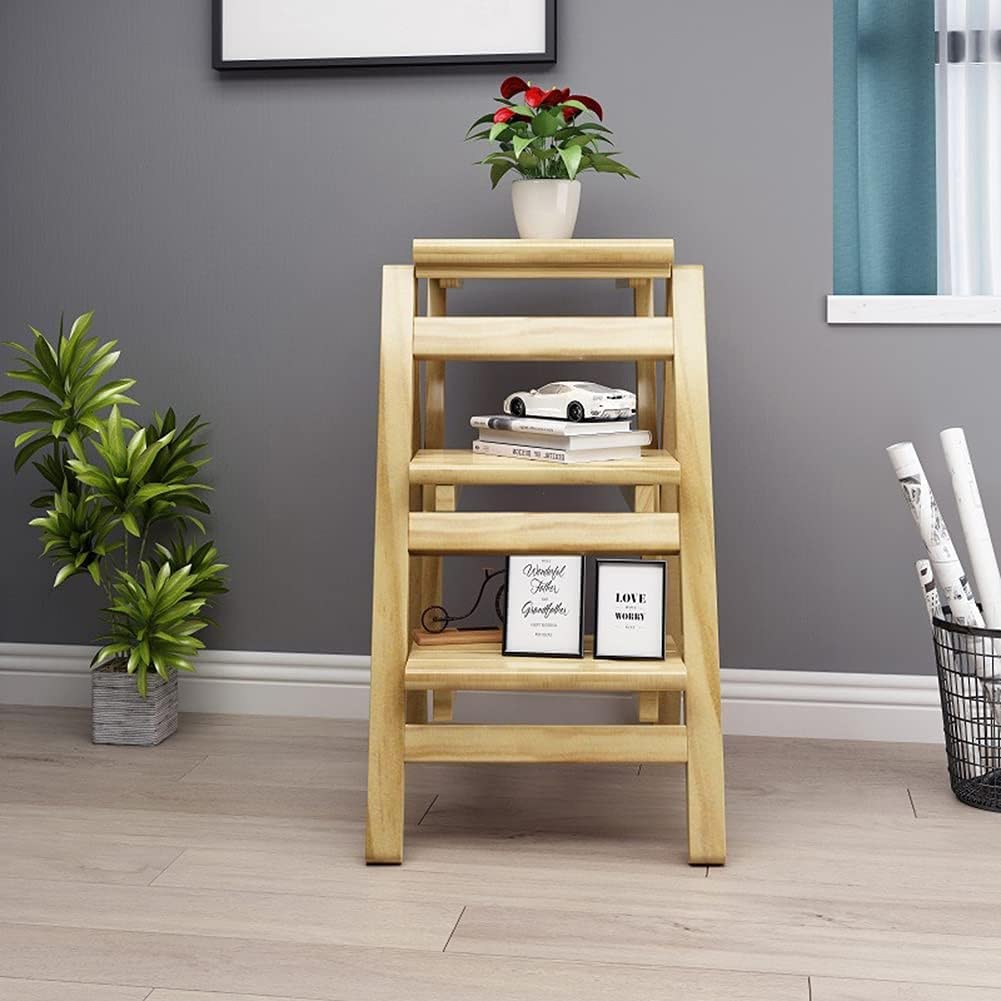Solid Wood Folding Step Stool Ladder - Multi-Functional Foldable Stepladder for Home, Kitchen, Bathroom & Storage - Sturdy & Compact Brown Wooden Stool (Household, DIY, Decor)