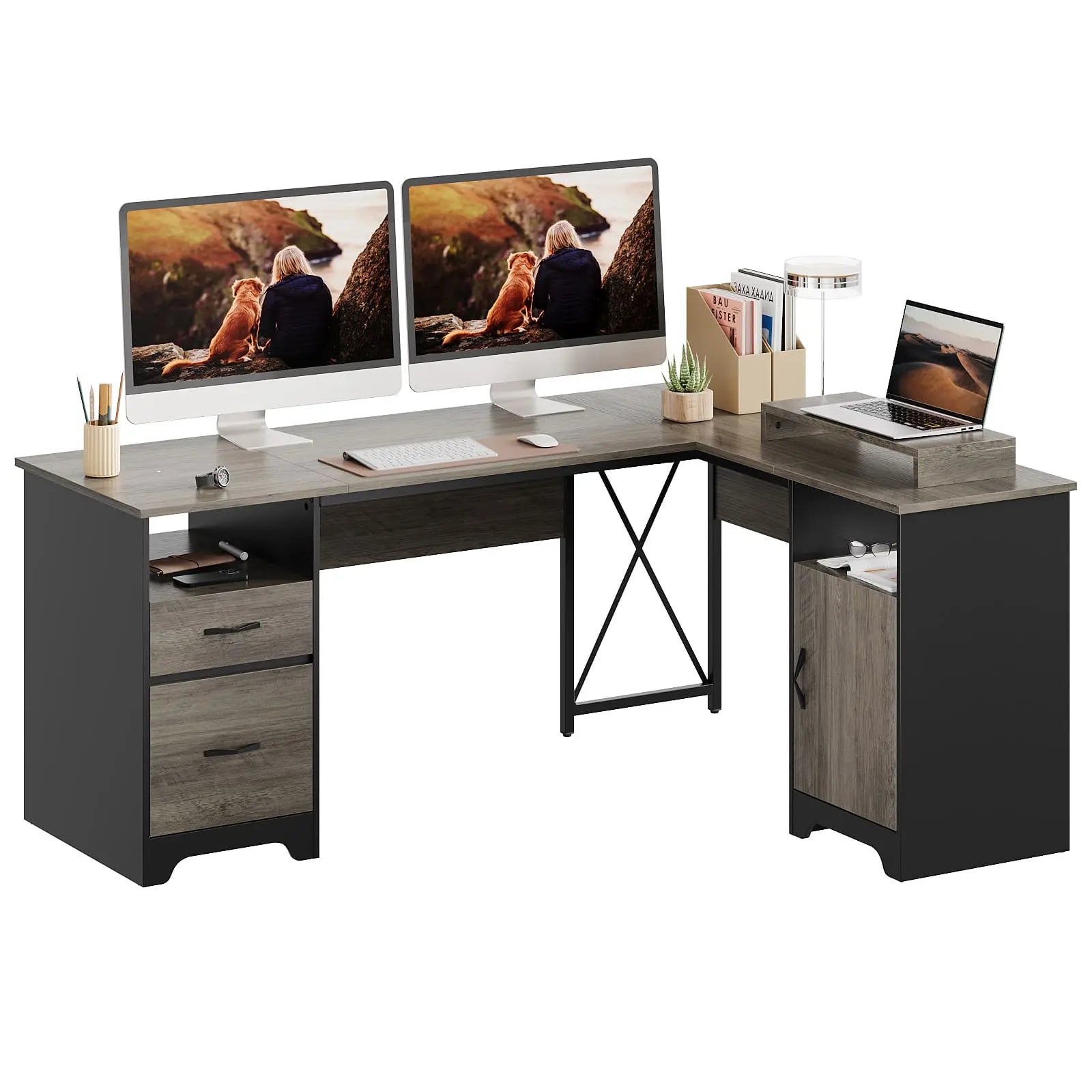 Bestier L-Shaped Computer Desk with File Drawers - Home Office Workstation for Gaming & Study, Space-Saving Corner Desk with Storage