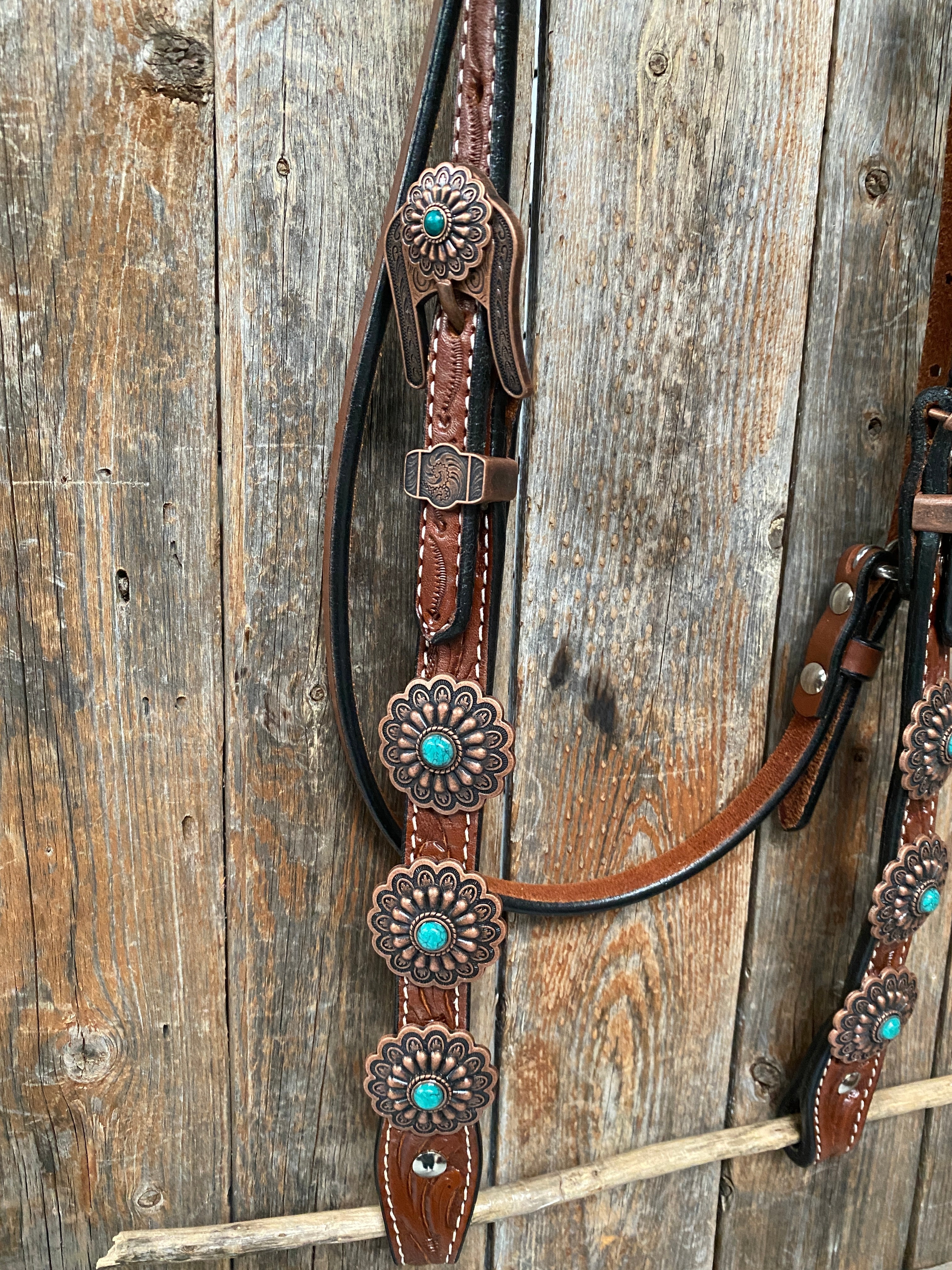 Medium Oil Copper Turquoise Browband Tack Set for Horses - Western Style Equestrian Bridle Accessories #BBBC468 | Perfect for Show, Trail Riding, and Ranch Work