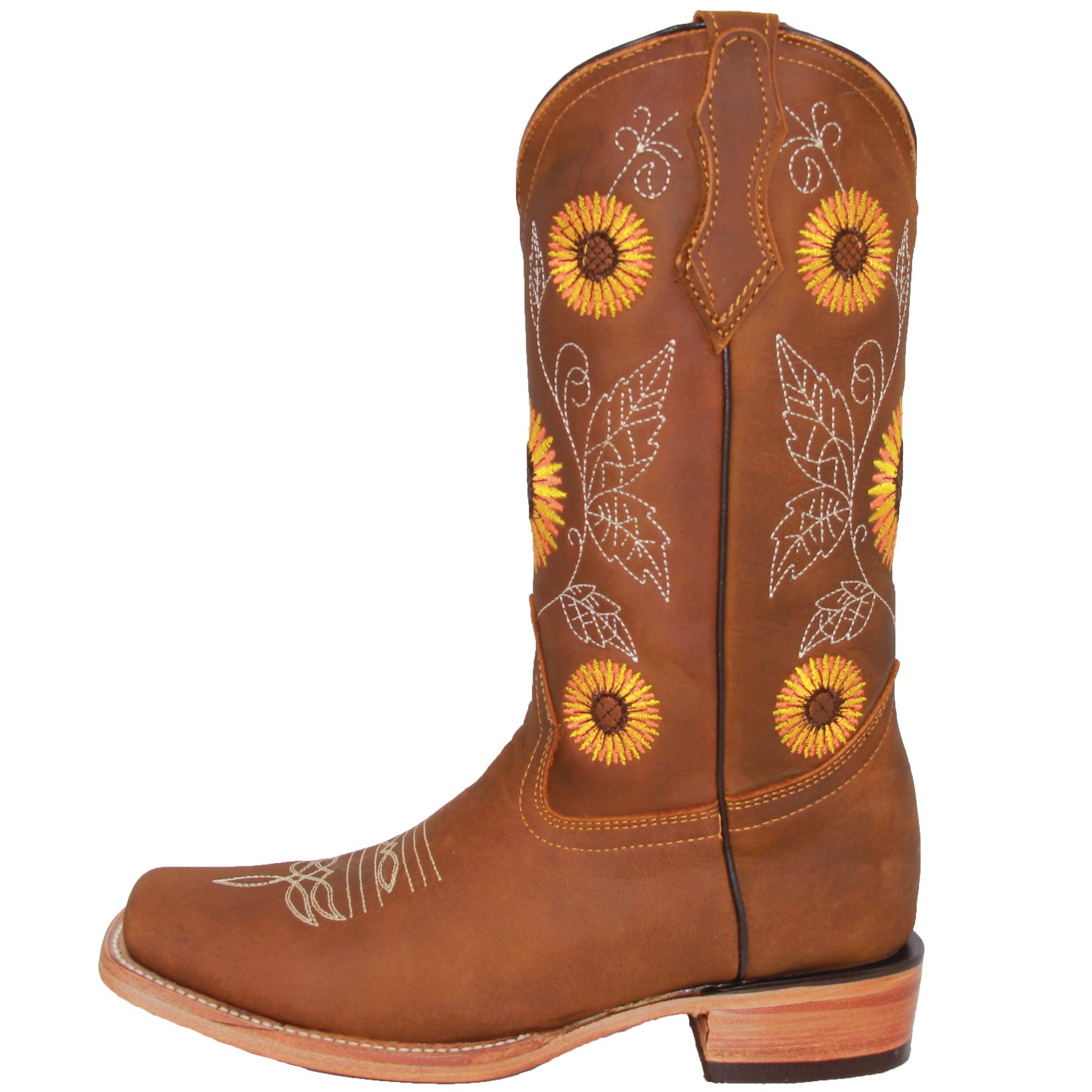 **Women's Western Cowboy Boots - Square Toe Leather Boots with Sunflower Embroidery | Country Style, Rodeo, Line Dancing & Casual Wear**