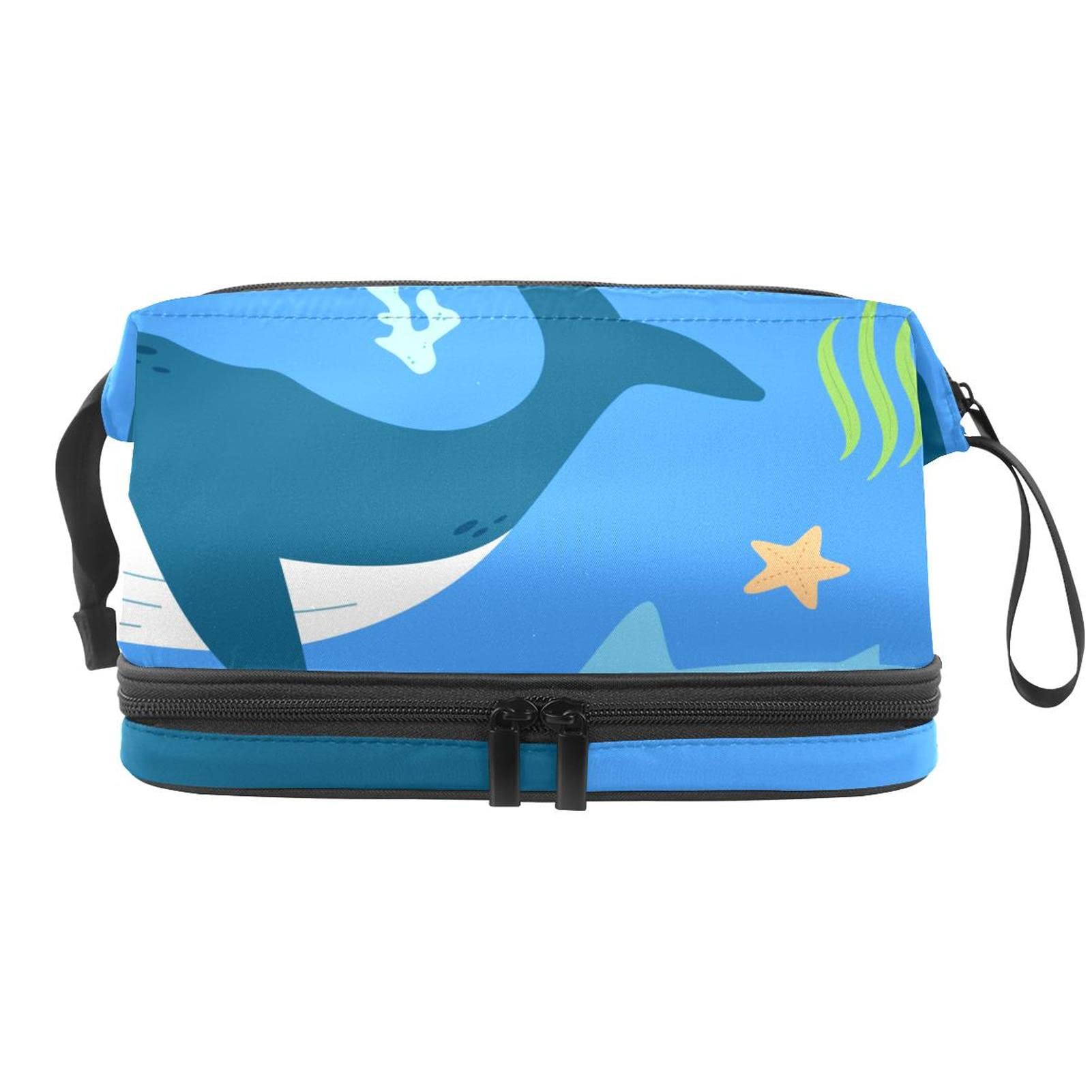 Large Waterproof Makeup Bag for Women - Travel Cosmetic Organizer with Shark & Seaweed Design - Perfect for Toiletries, Brushes & Skincare - Great for Travel, Gym & Daily Use