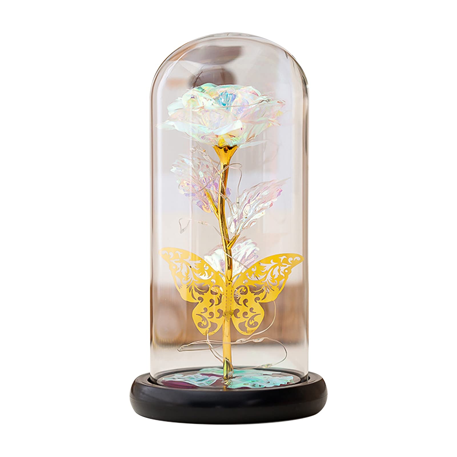 Eternal Rose in Glass with LED Lights - Gold Color Forever Rose Flower Gift for Women, Mothers Day, Valentine's Day, Wedding, Anniversary, Christmas | Romantic Home Decor, Party Centerpiece, Festive Table Decoration