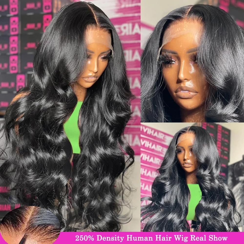 IUPin 13x4 Body Wave Lace Front Wigs Human Hair 250% Density HD Transparent Frontal Wigs for Women | Glueless Pre-Plucked with Baby Hair | 26 Inch Natural Black Human Hair Wig for Daily Wear, Parties & Special Occasions