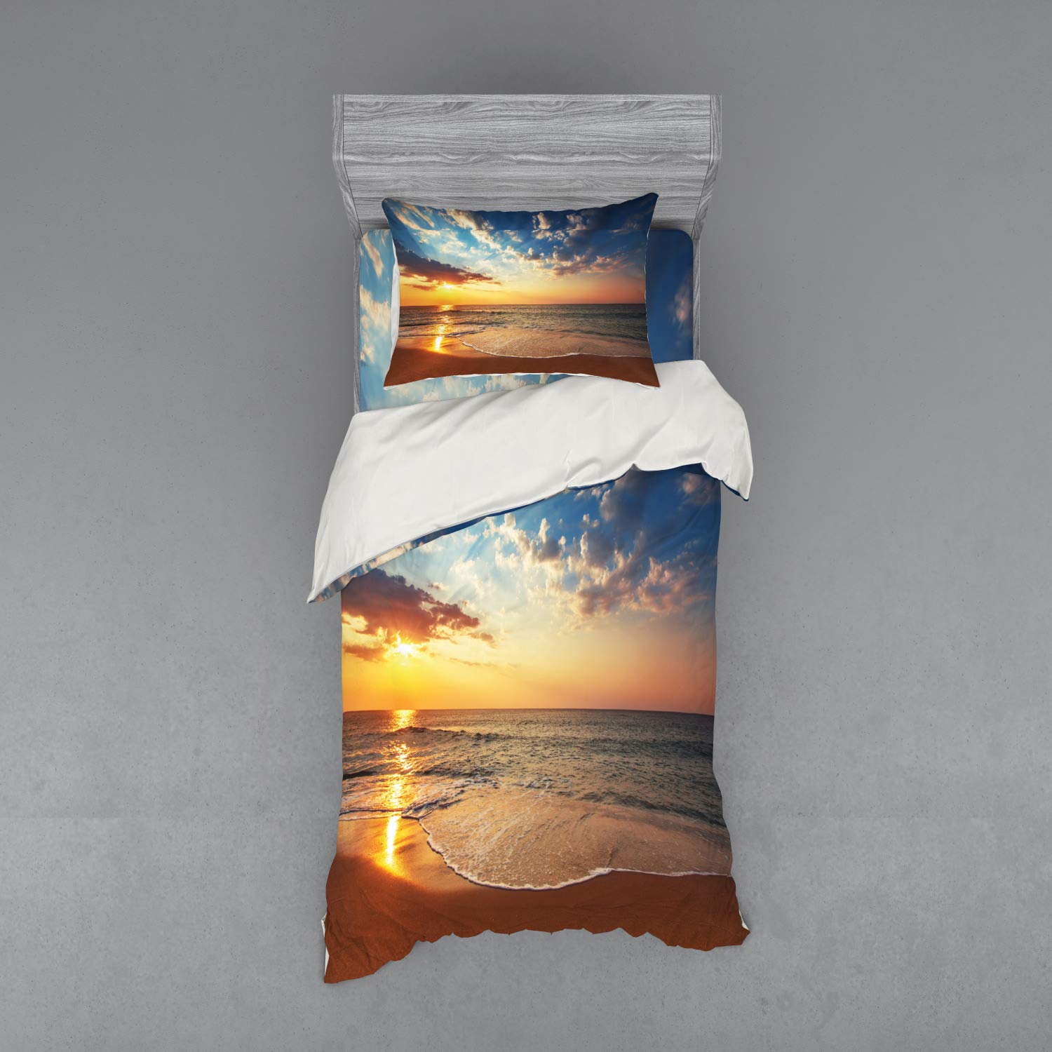 Ambesonne Ocean Bedding Set - 3 Piece Duvet Cover with Sham & Fitted Sheet, Twin Size, Blue Yellow Brown Cloudscape Design, Coastal Beach Theme for Honeymoon Travel & Nautical Bedroom Decor