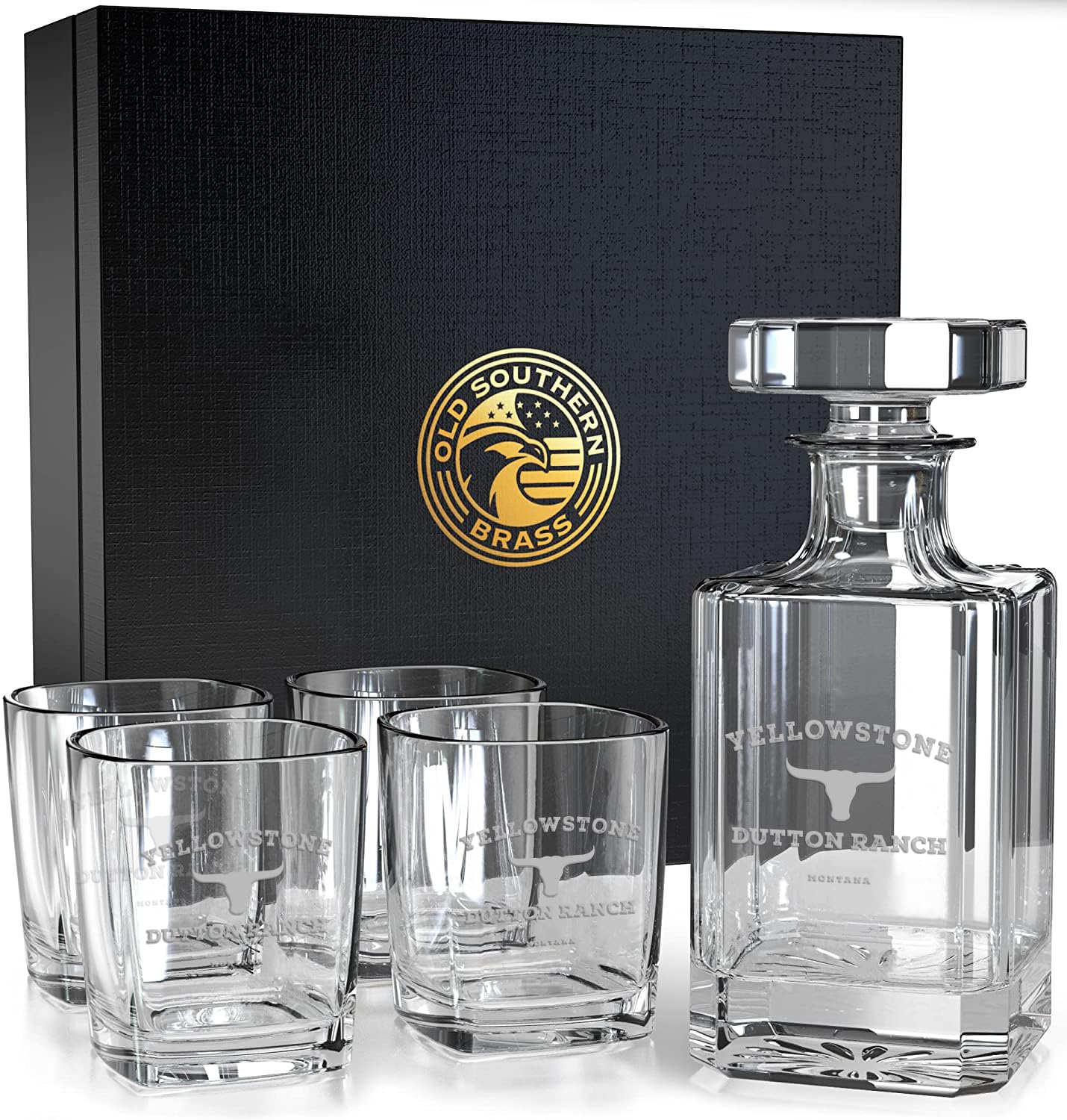Yellowstone Dutton Ranch 5-Piece Whiskey Decanter Set with Glasses - Premium Gift Box Included | Perfect for Bourbon Lovers, Whiskey Tasting & Home Bar Decor