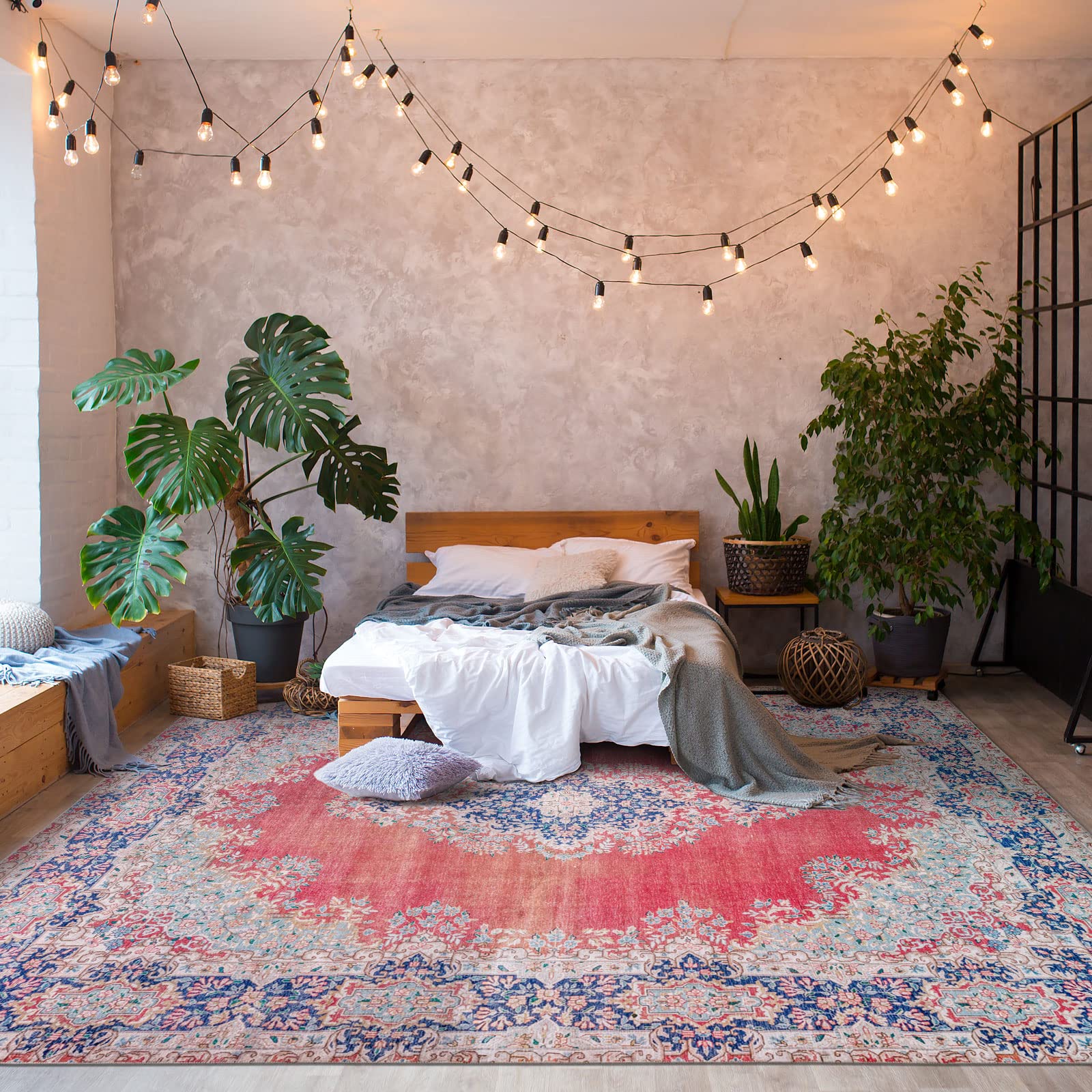DECOMALL Maila Large Washable Rug 9x12 - Non Slip Rubber Backing Bohemian Red Carpet for Bedroom & Living Room | Machine Washable Foldable Thin Indoor Rug - Perfect for Home Decor, Dorm Rooms & Office Spaces