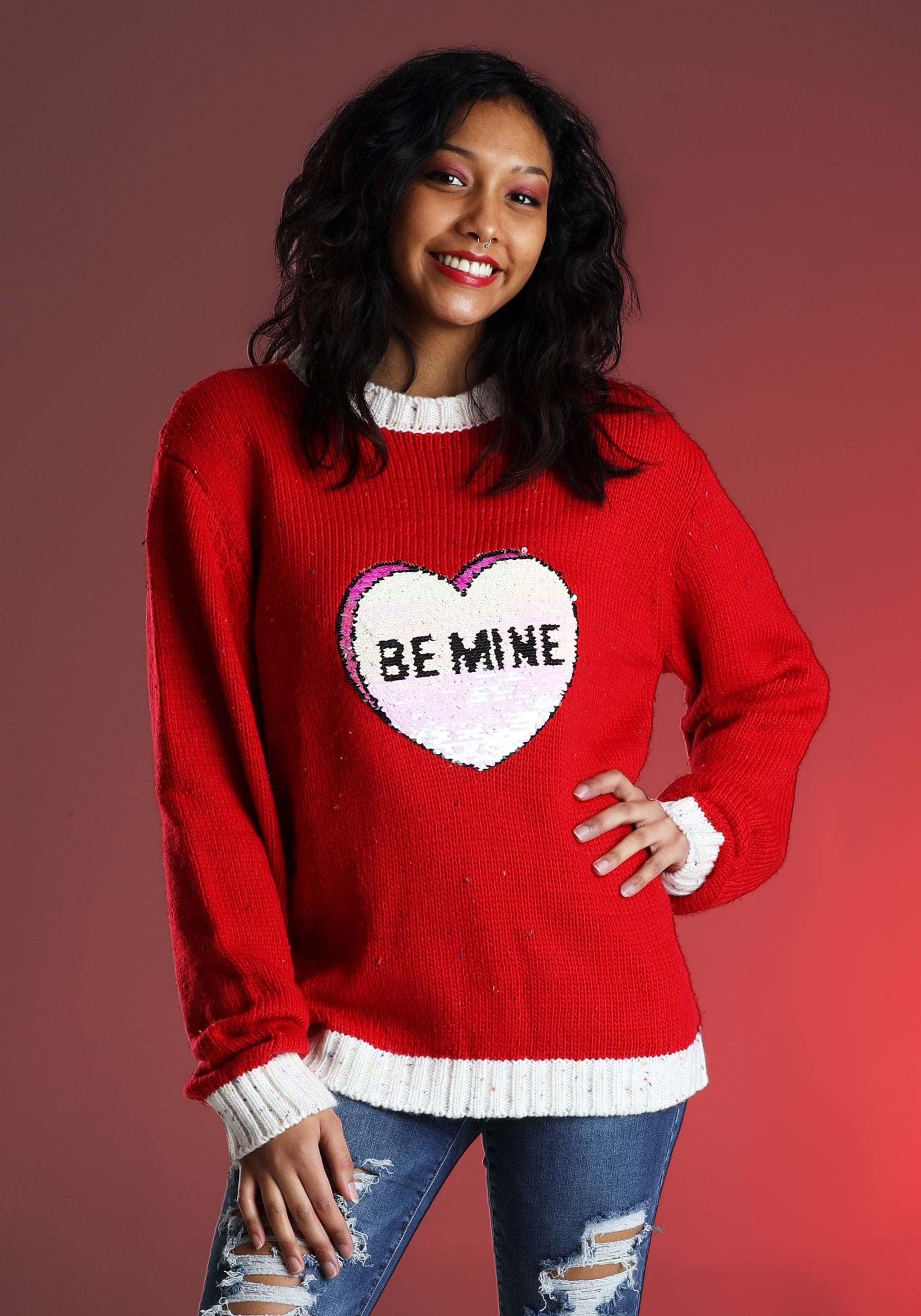 Valentine's Day Ugly Sweaters for Adults - Funny XOXO Be Mine Heart Crewneck Sweatshirts | Perfect for Couples, Parties & Romantic Gifts