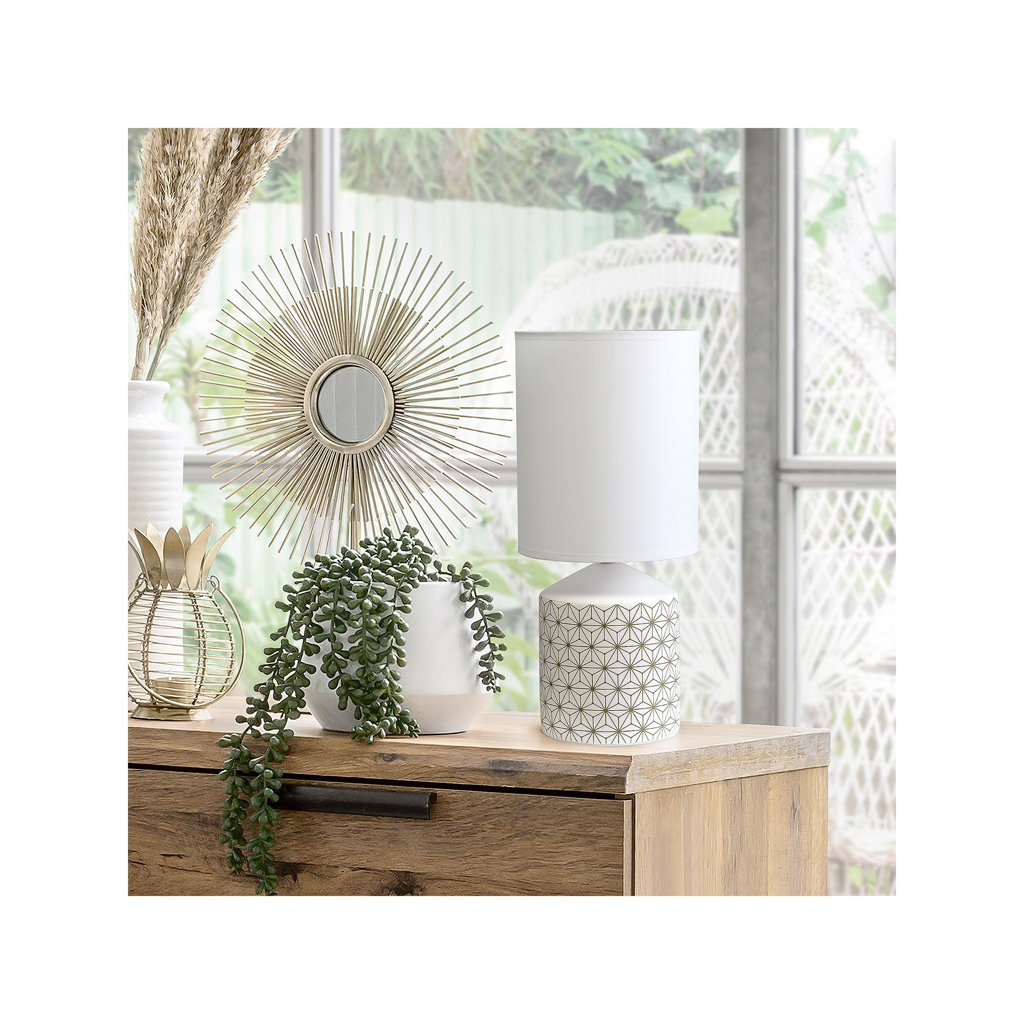 National Brand Simple Designs Fresh Prints Ceramic Table Lamp LT2077 - Gold Squares Pattern for Bedroom, Living Room & Office Decor