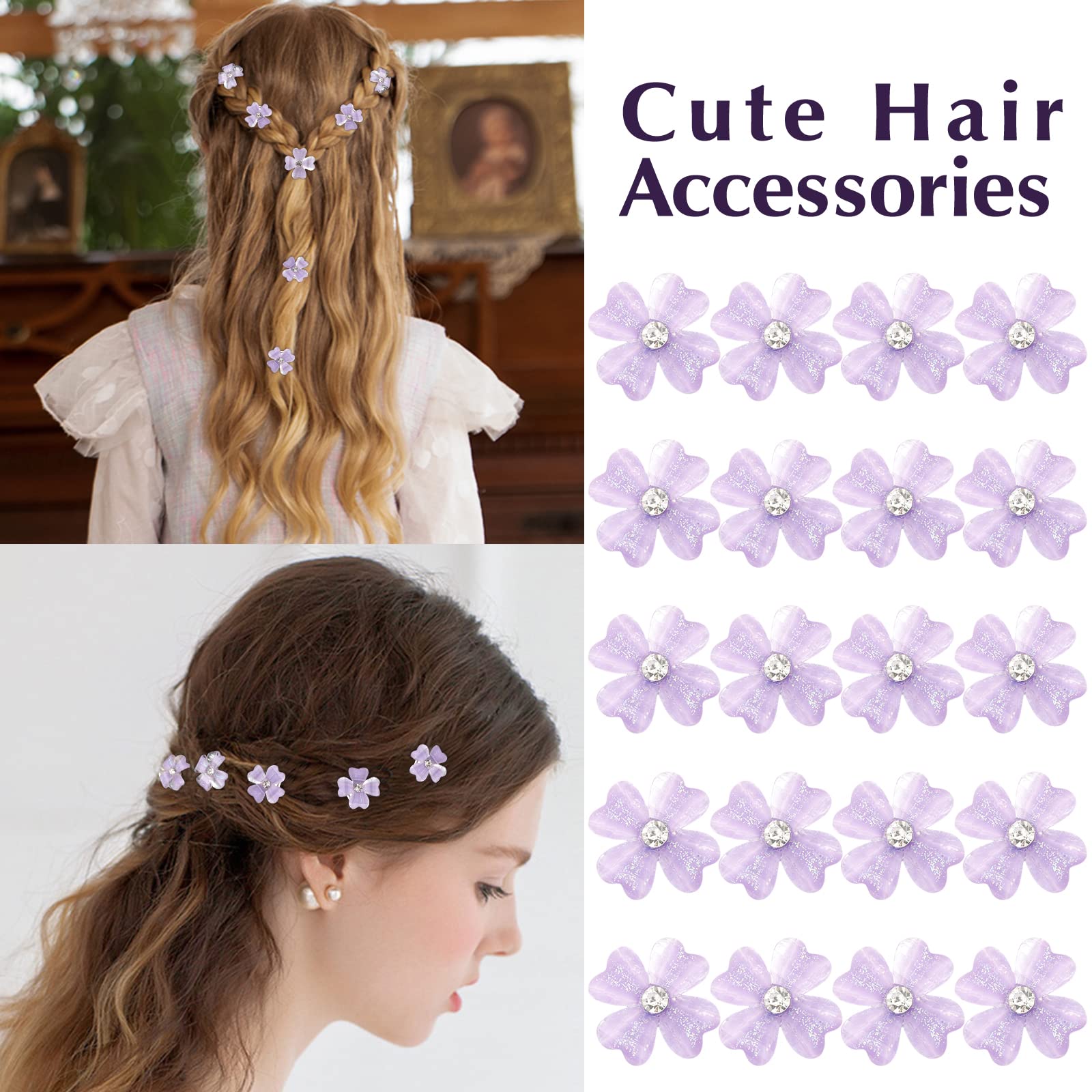 YISSION 20Pcs Mini Purple Flower Hair Clips with Rhinestones - Cute Hair Pins for Women & Girls - Wedding, Bridal, Party Hair Accessories - Perfect for Daily Wear, Prom, and Special Occasions