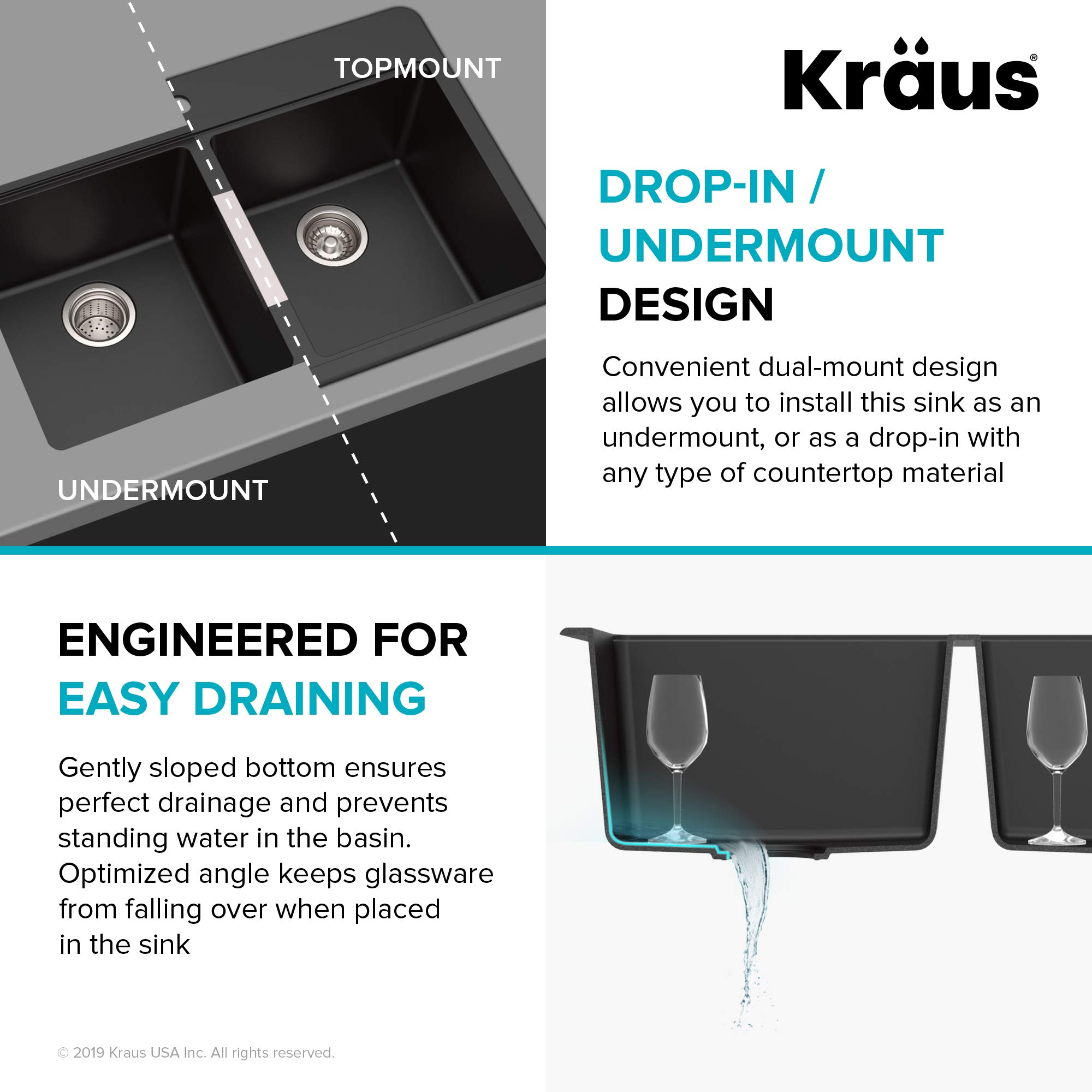 KRAUS 33-Inch Black Onyx Granite Double Bowl Kitchen Sink - Top Mount & Undermount Installation with WasteGuard™ Garbage Disposal (Model KGD-433B-100-75MB) - Perfect for Modern Kitchens, Restaurant Prep Areas & Busy Households