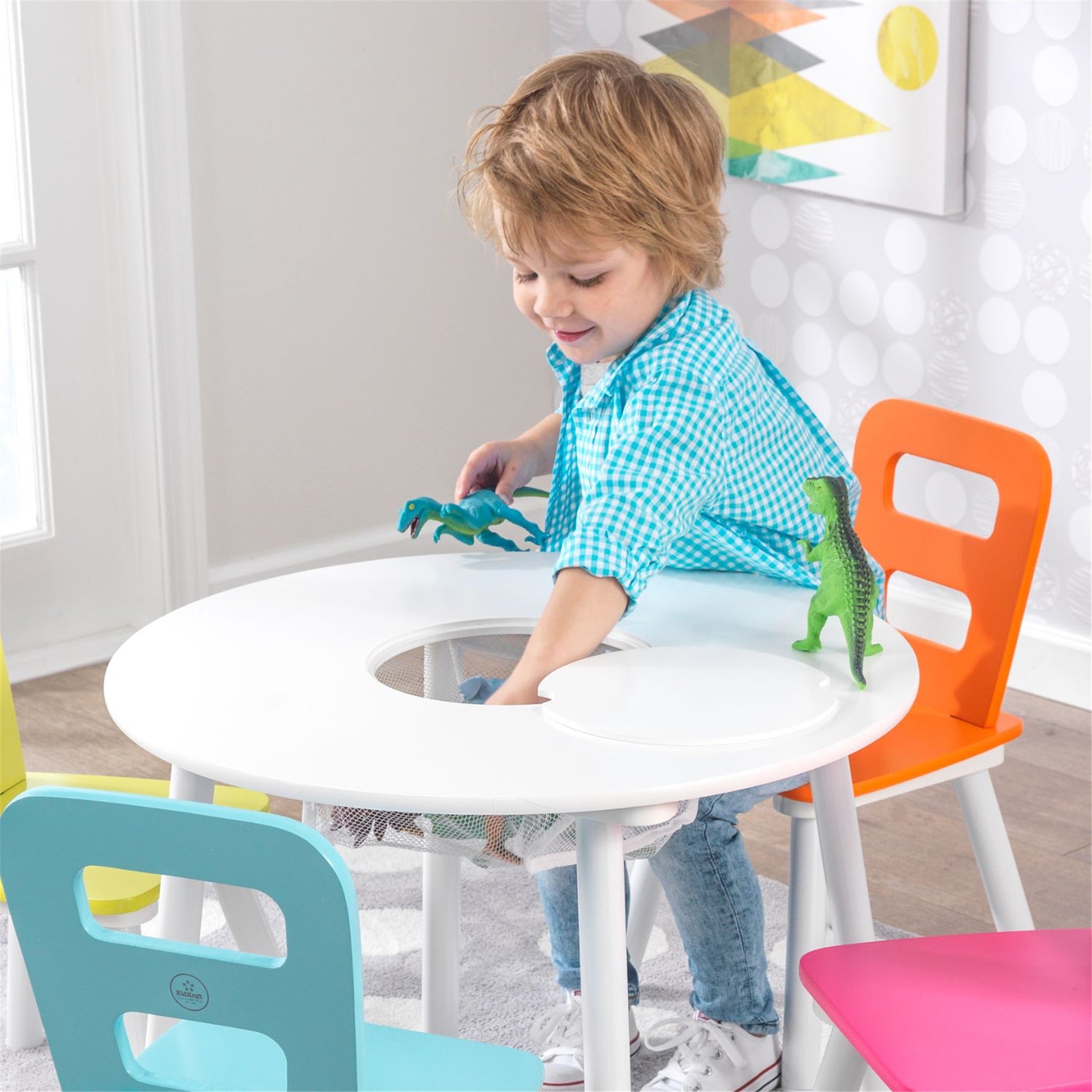 KidKraft Round Storage Table & 4 Chair Set - Kids Playroom Furniture with Storage Bins, Perfect for Arts & Crafts, Snack Time, and Learning Activities