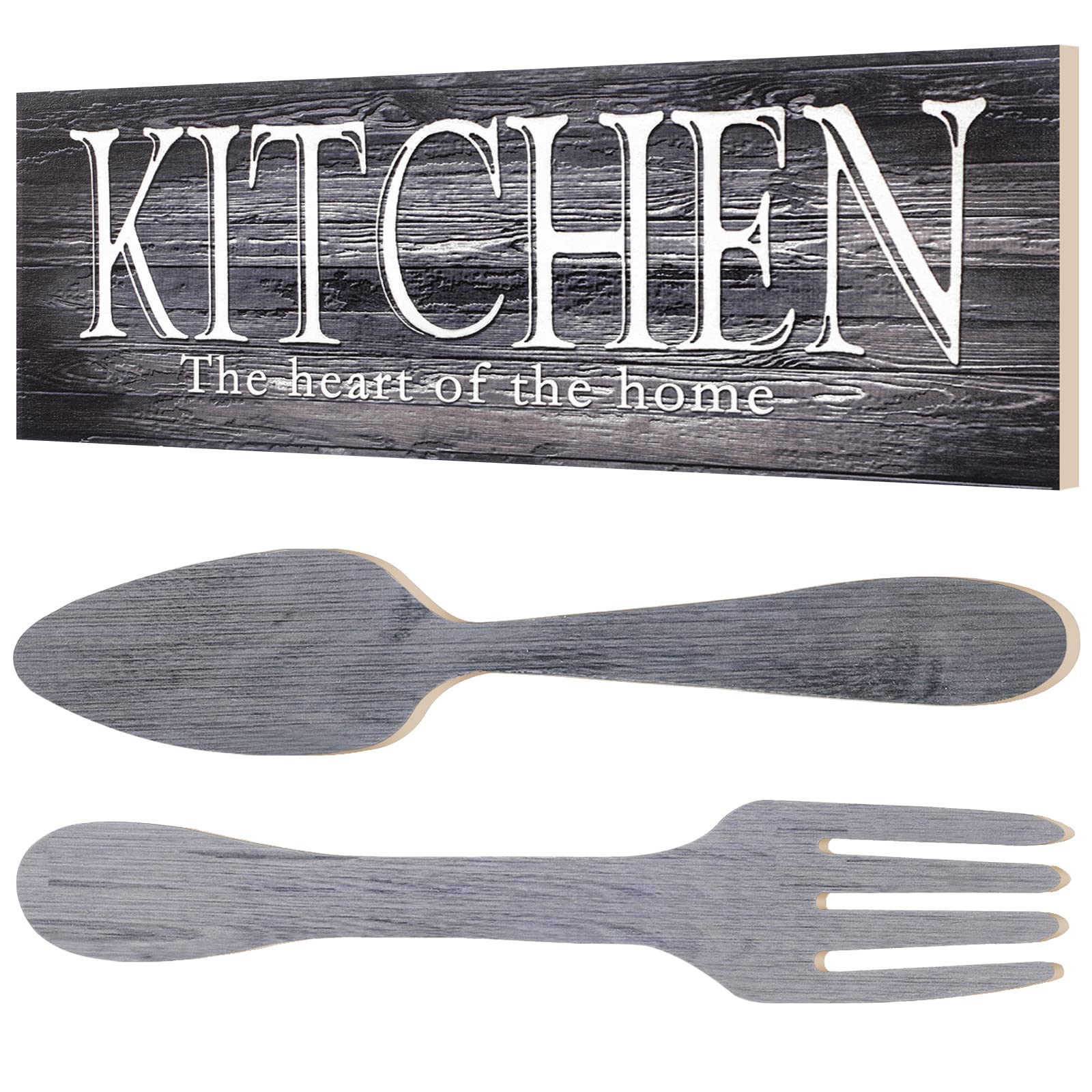 Rustic Wooden Fork and Spoon Wall Decor - Farmhouse Kitchen Sign Set for Home & Dining Room | Heart of The Home Art, Housewarming Gift, Gray - Perfect for Country Style Kitchens and Cozy Dining Spaces