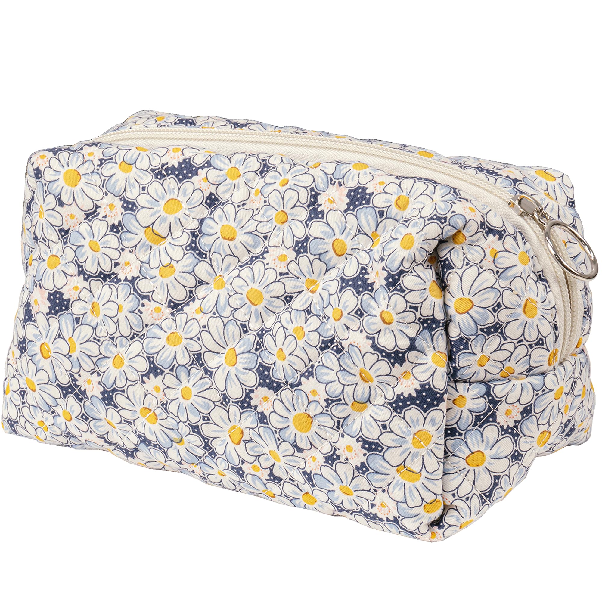 Floral Quilted Makeup Bag for Women | Daisy Cosmetic Pouch | Blue Flower Travel Toiletry Organizer | Cotton Makeup Case | Perfect for Travel, Gym & Daily Essentials Storage